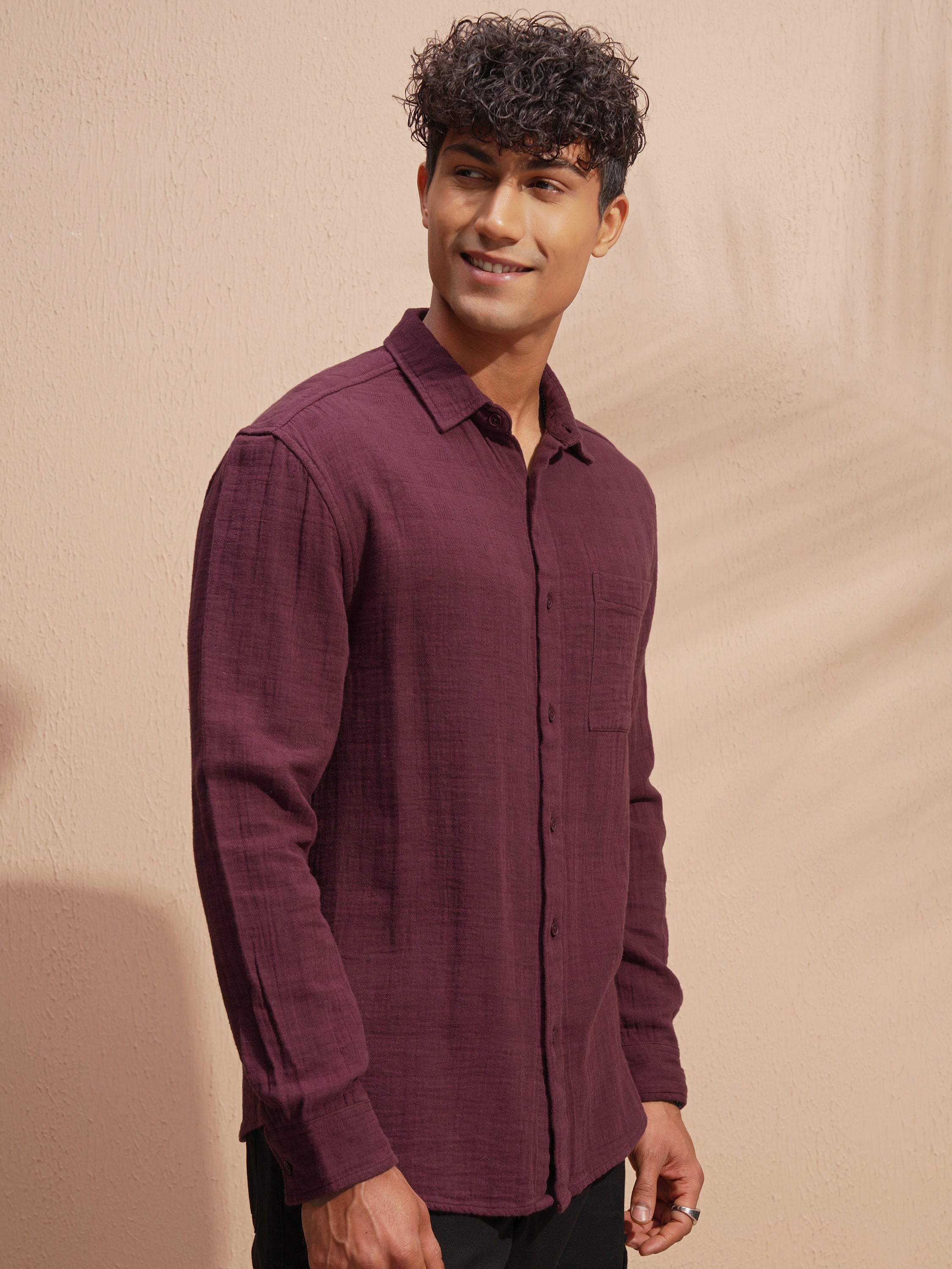 Highlander Men Maroon Self Design Relaxed Fit Casual Shirt - Maroon - Image 6