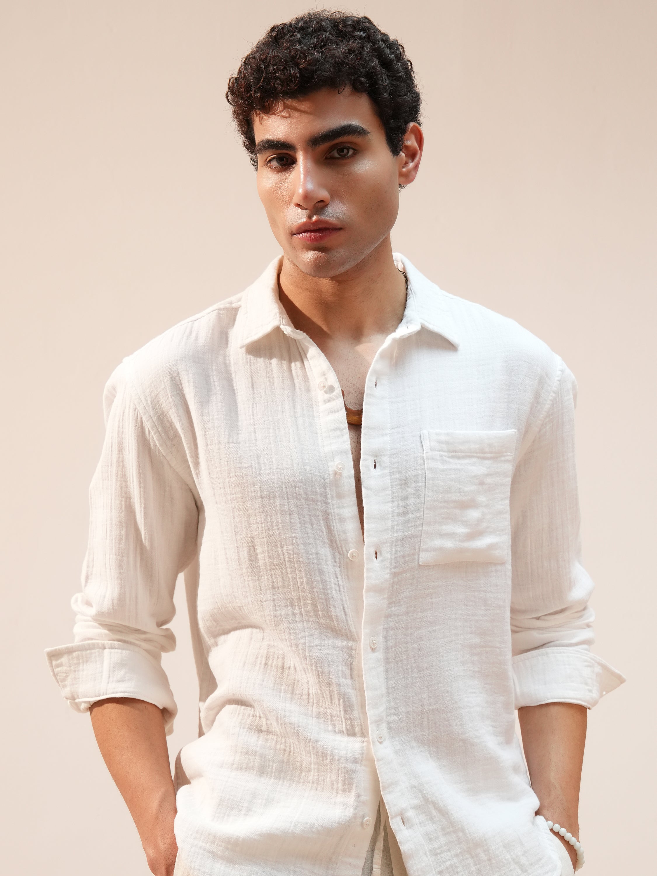 Highlander Men White Self Design Relaxed Fit Casual Shirt - White - Image 1