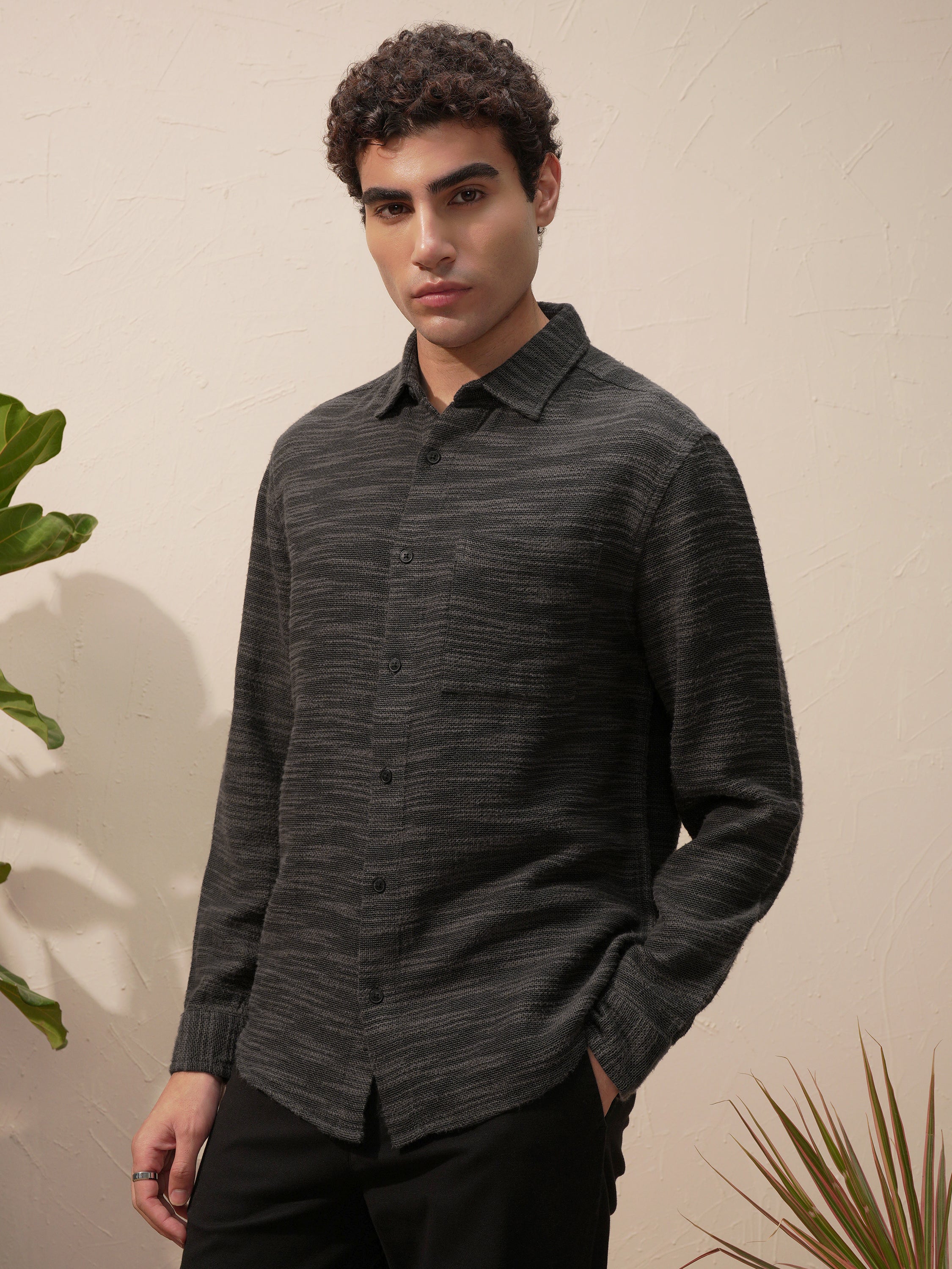 Highlander Men Black Self Design Relaxed Fit Casual Shirt - Black - Image 4
