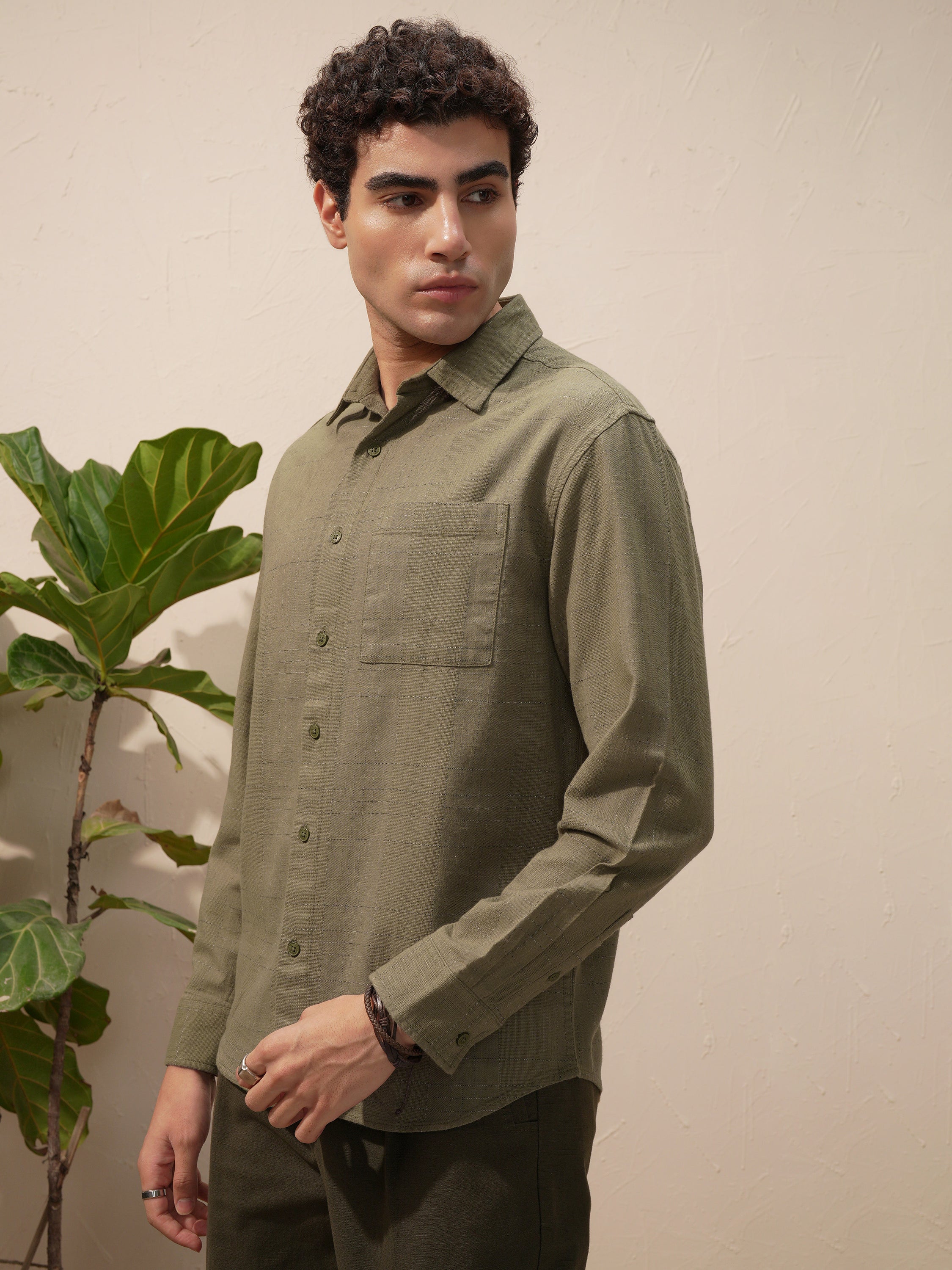 Highlander Men Green Self Design Relaxed Fit Casual Shirt - Green - Image 4