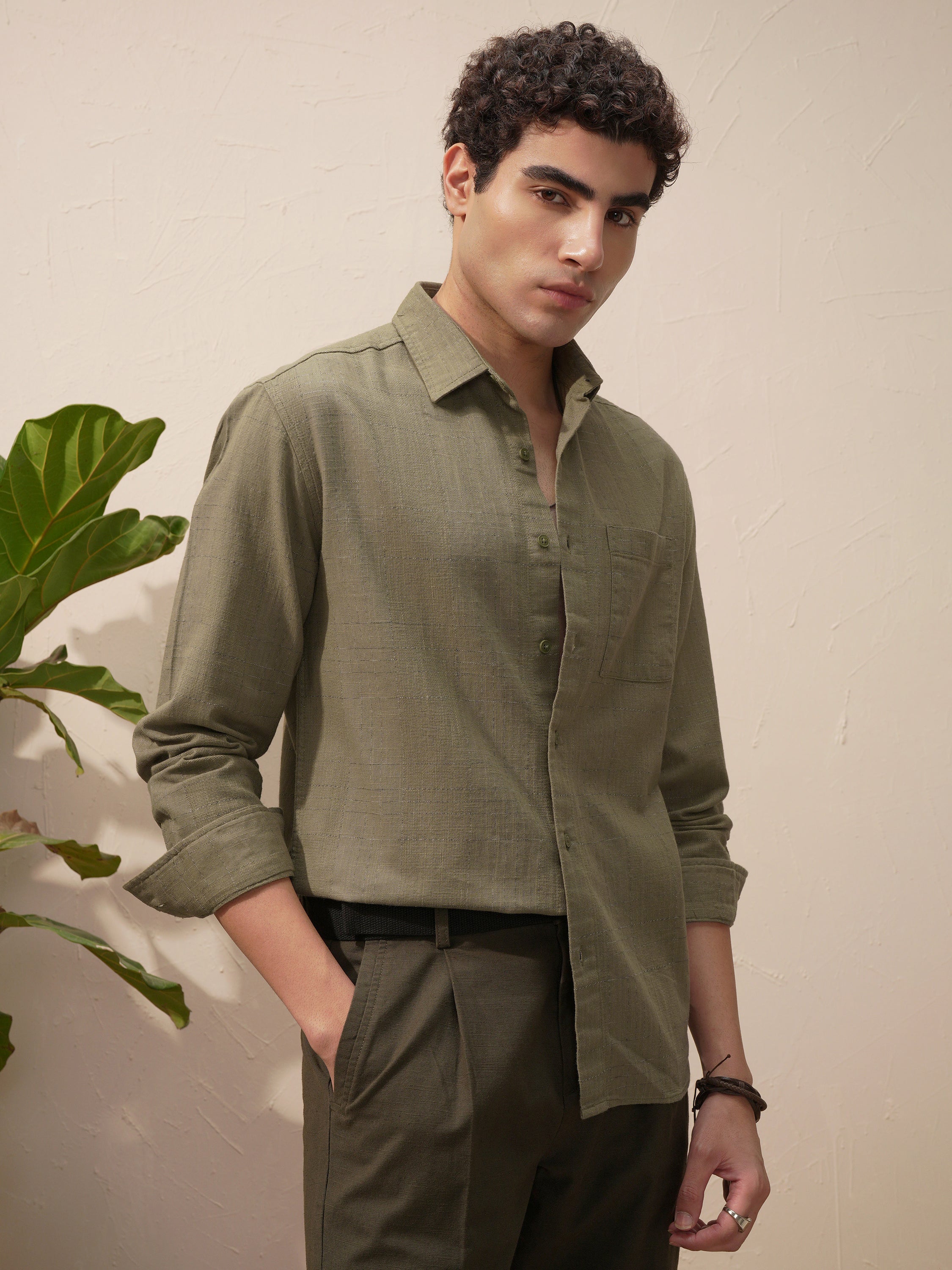 Highlander Men Green Self Design Relaxed Fit Casual Shirt - Green - Image 6