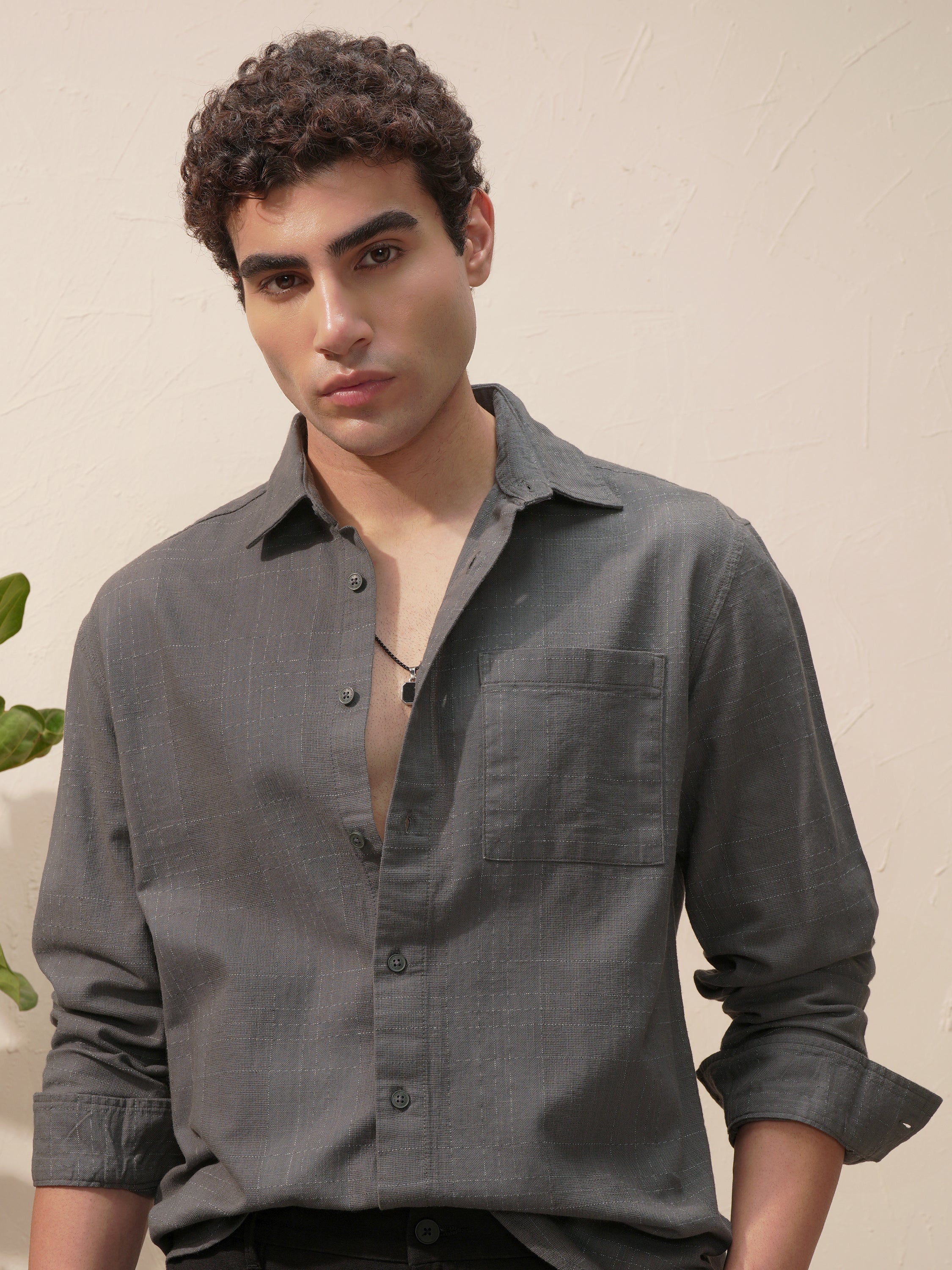Highlander Men Grey Self Design Relaxed Fit Casual Shirt - Grey - Image 1