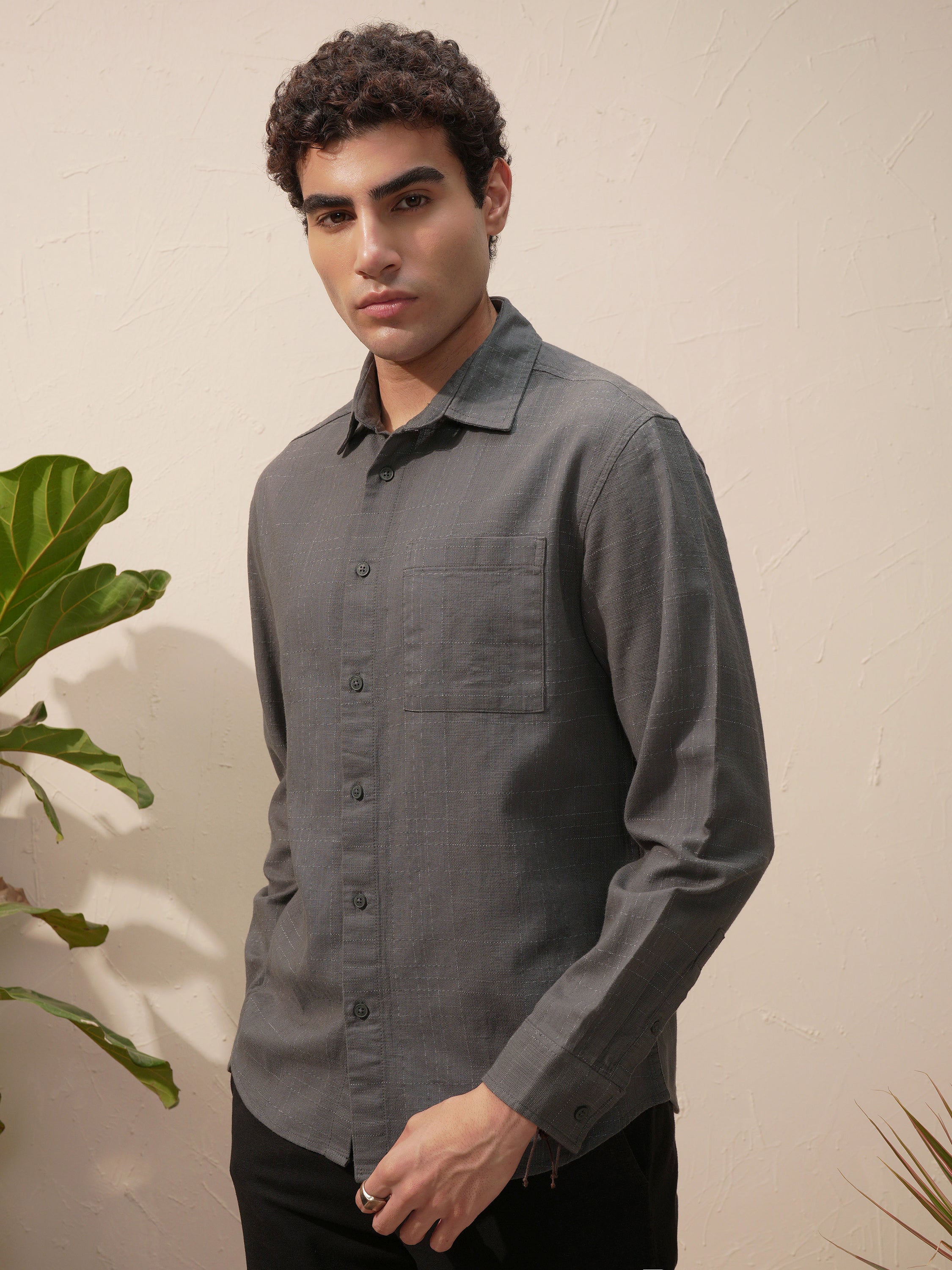 Highlander Men Grey Self Design Relaxed Fit Casual Shirt - Grey - Image 4