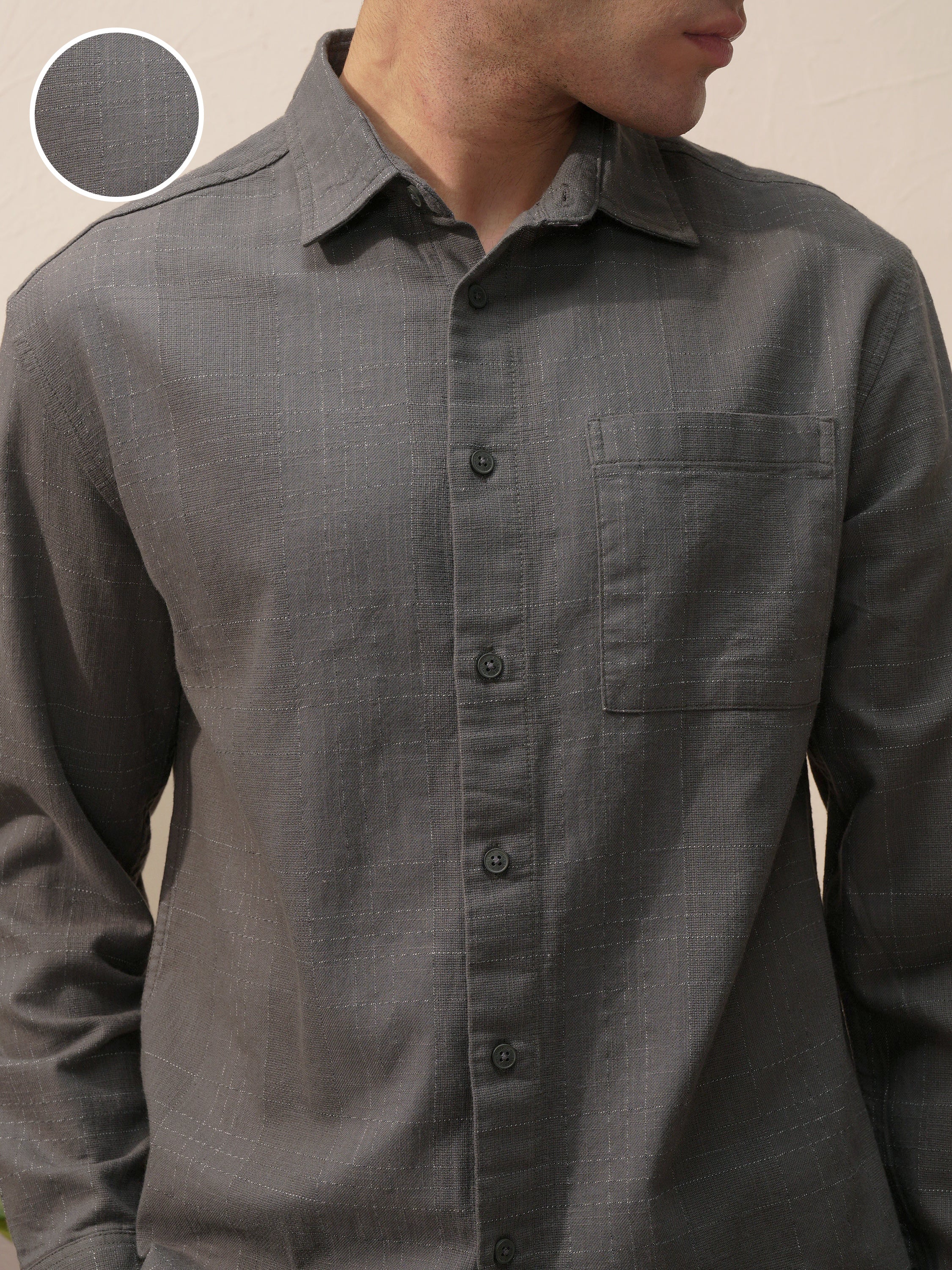Highlander Men Grey Self Design Relaxed Fit Casual Shirt - Grey - Image 5