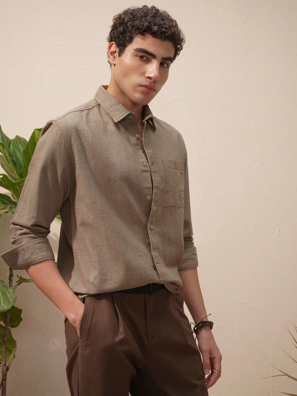 Highlander Men Beige Self Design Relaxed Fit Casual Shirt - Beige - Image 6
