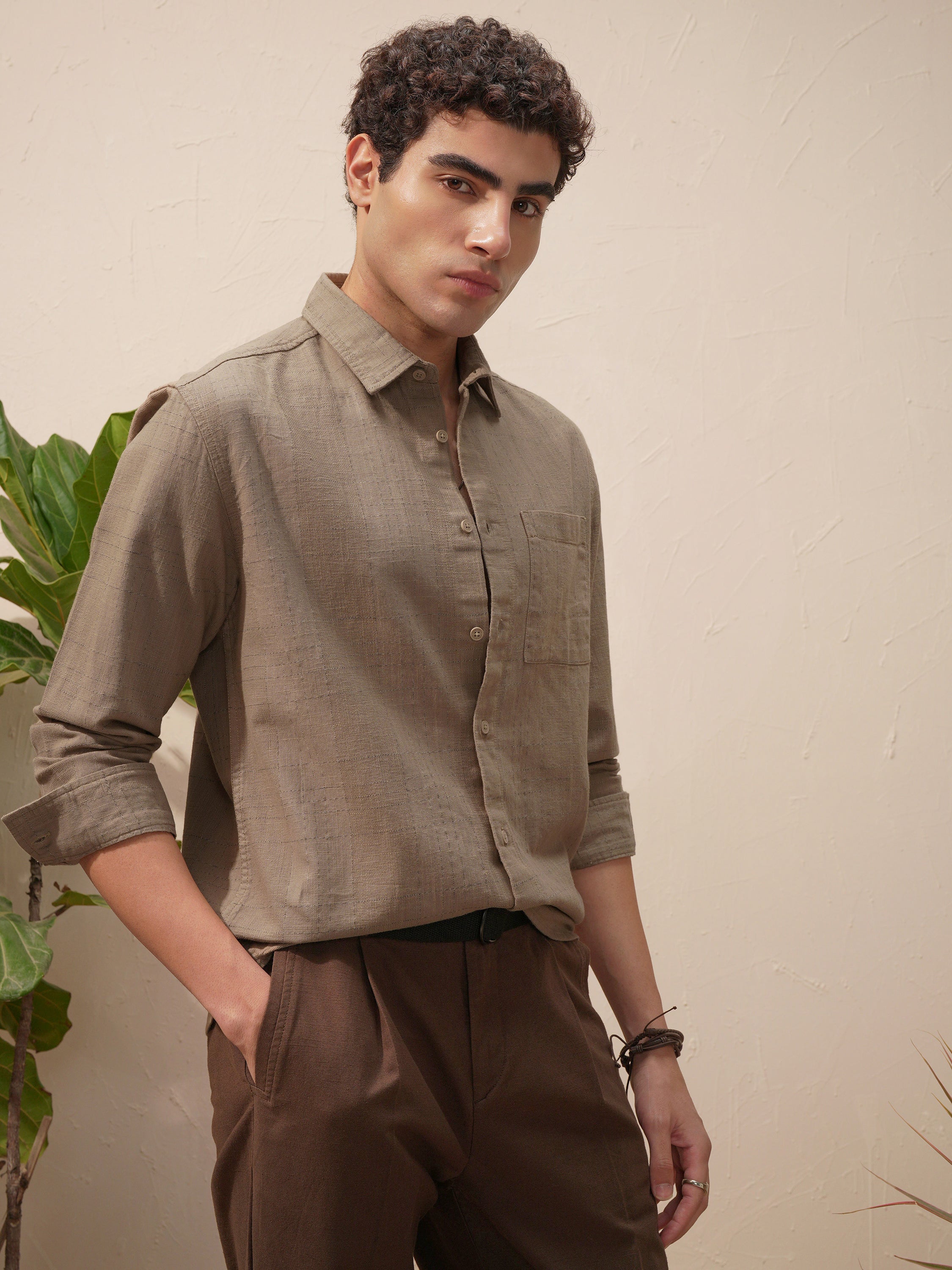 Highlander Men Beige Self Design Relaxed Fit Casual Shirt - Beige - Image 6