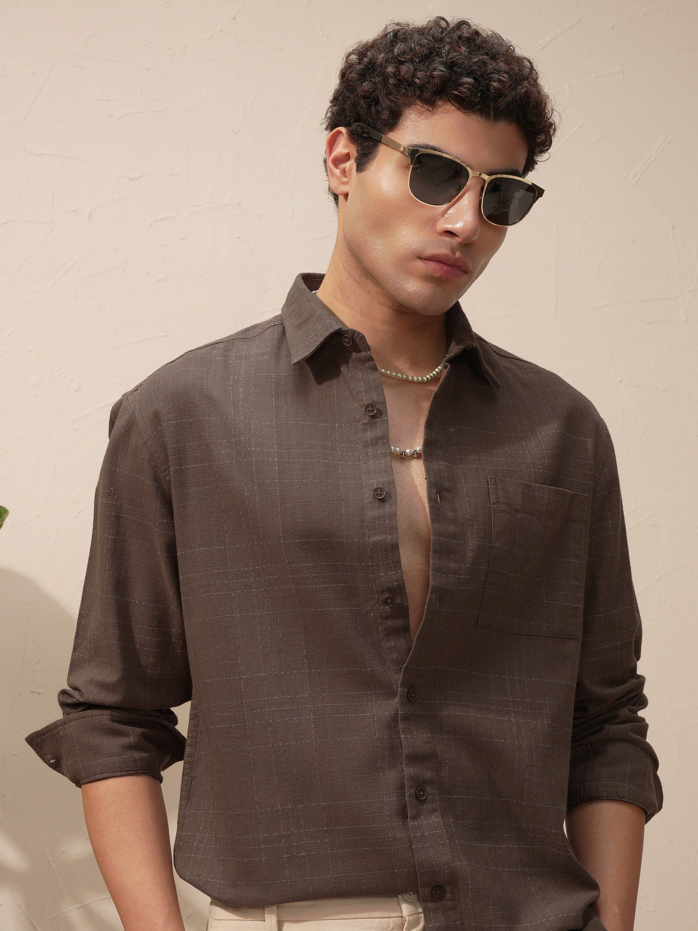 Highlander Men Brown Self Design Relaxed Fit Casual Shirt - Brown - Image 1