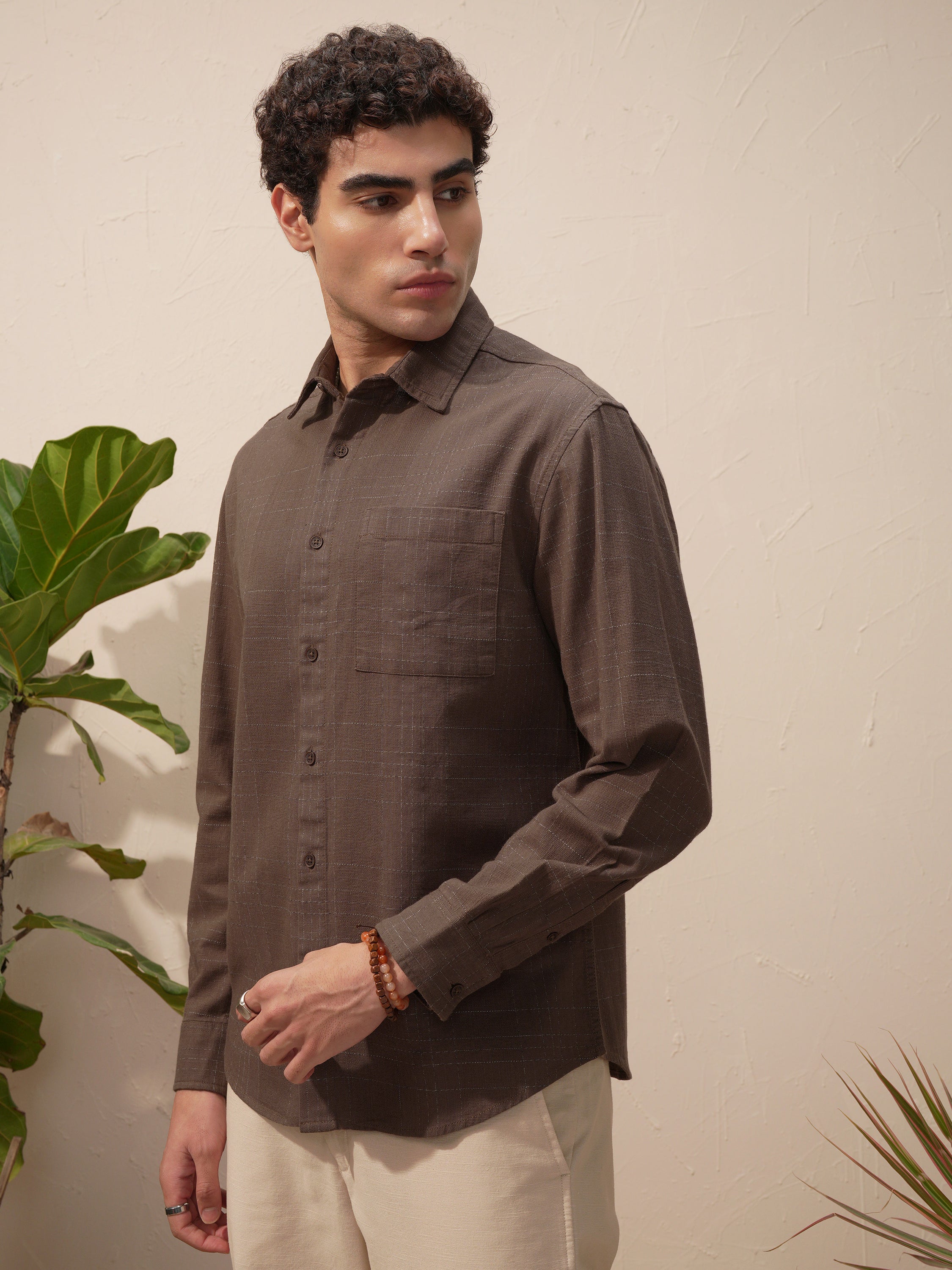 Highlander Men Brown Self Design Relaxed Fit Casual Shirt - Brown - Image 4
