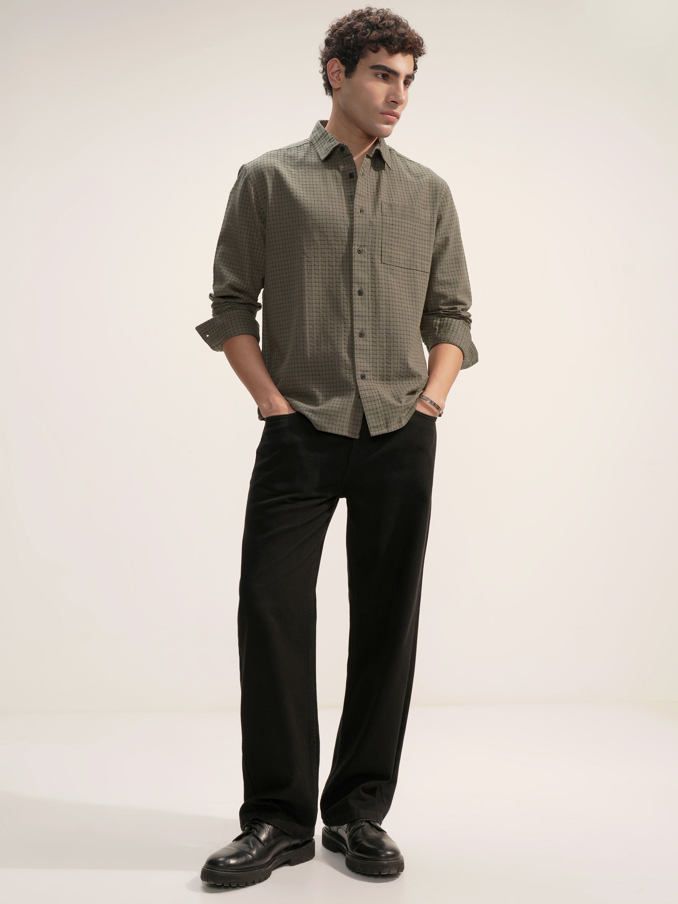 Highlander Men Olive Checked Relaxed Fit Casual Shirt - Olive - Image 2