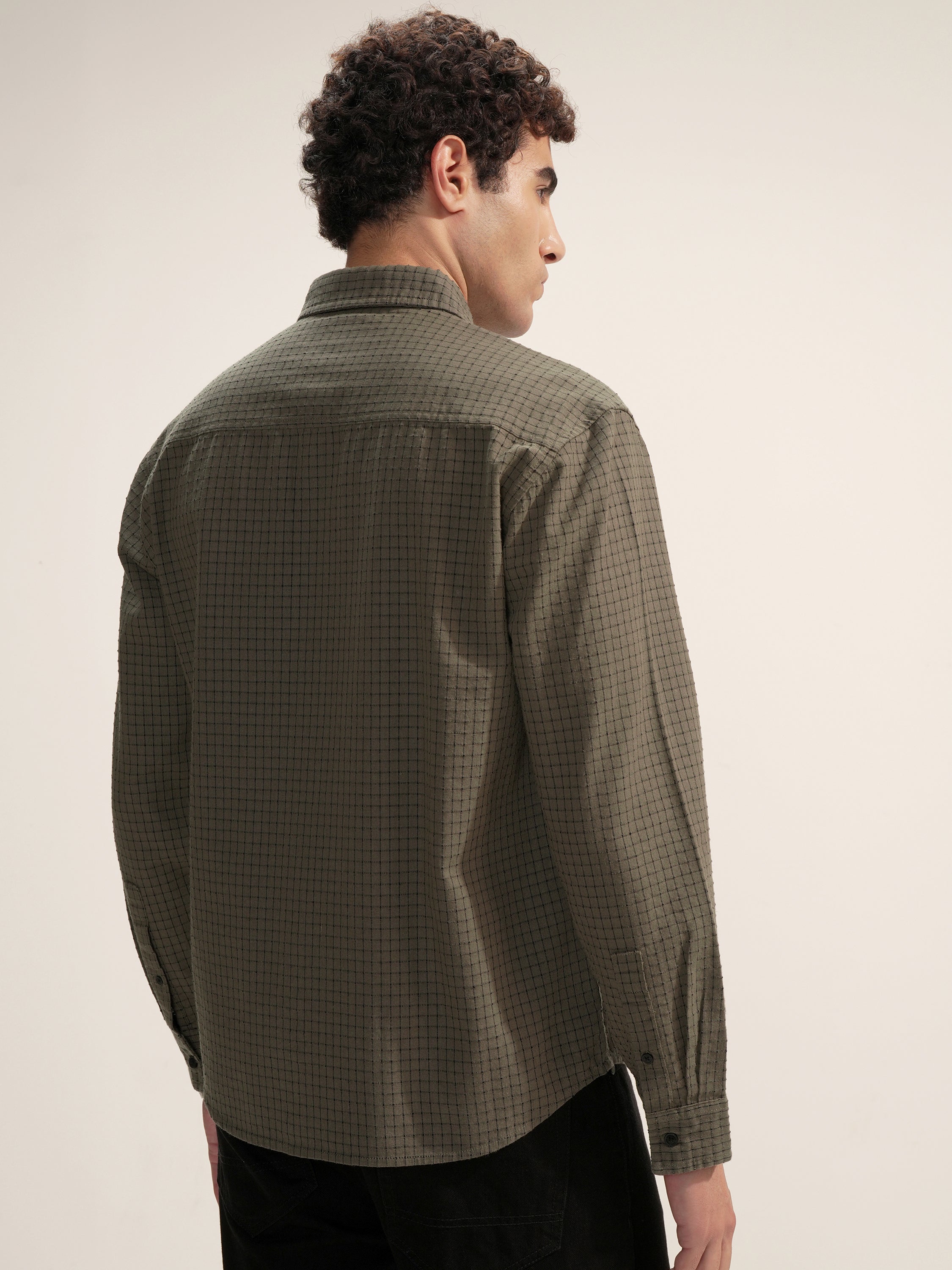 Highlander Men Olive Checked Relaxed Fit Casual Shirt - Olive - Image 3