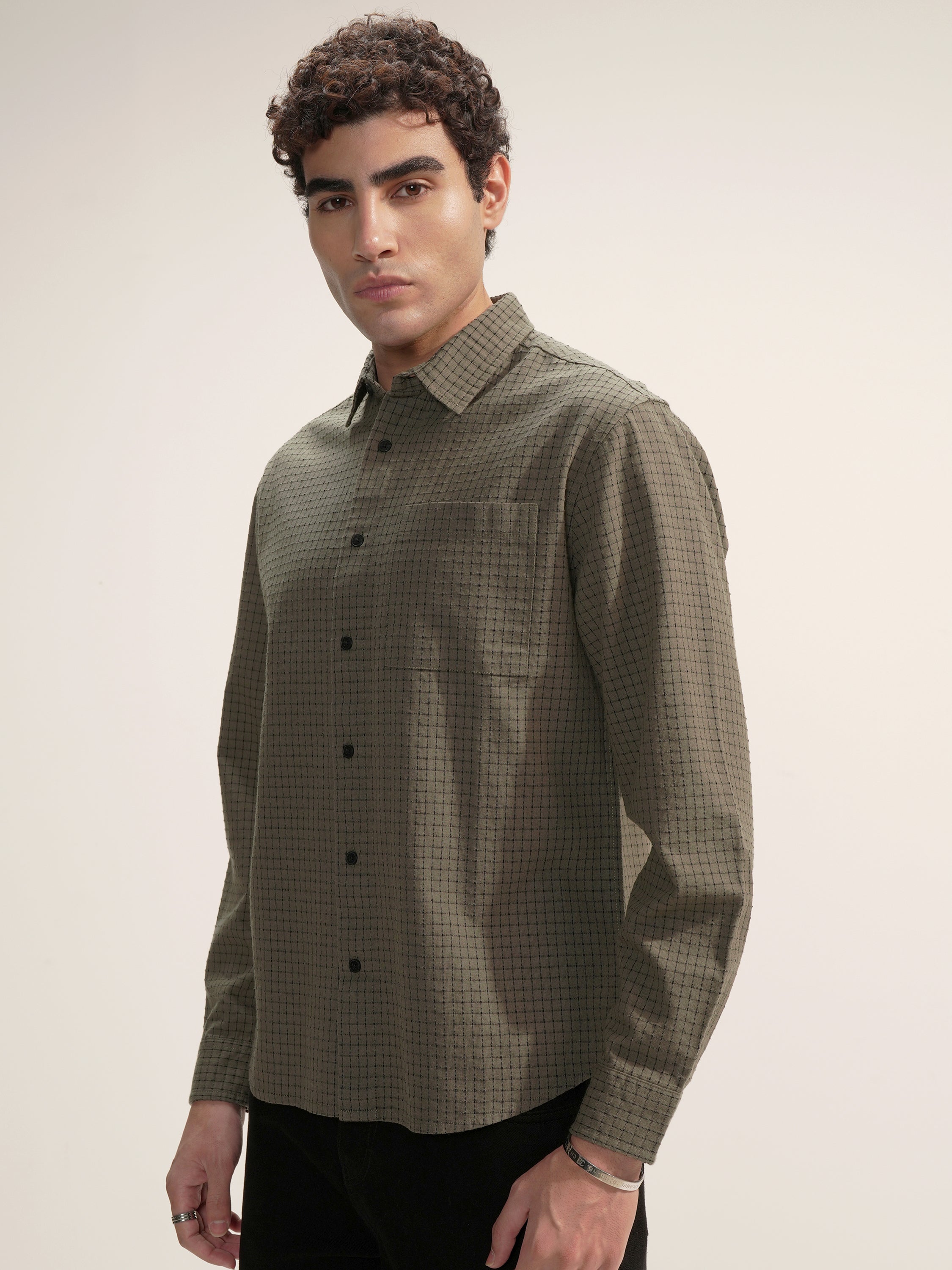 Highlander Men Olive Checked Relaxed Fit Casual Shirt - Olive - Image 4