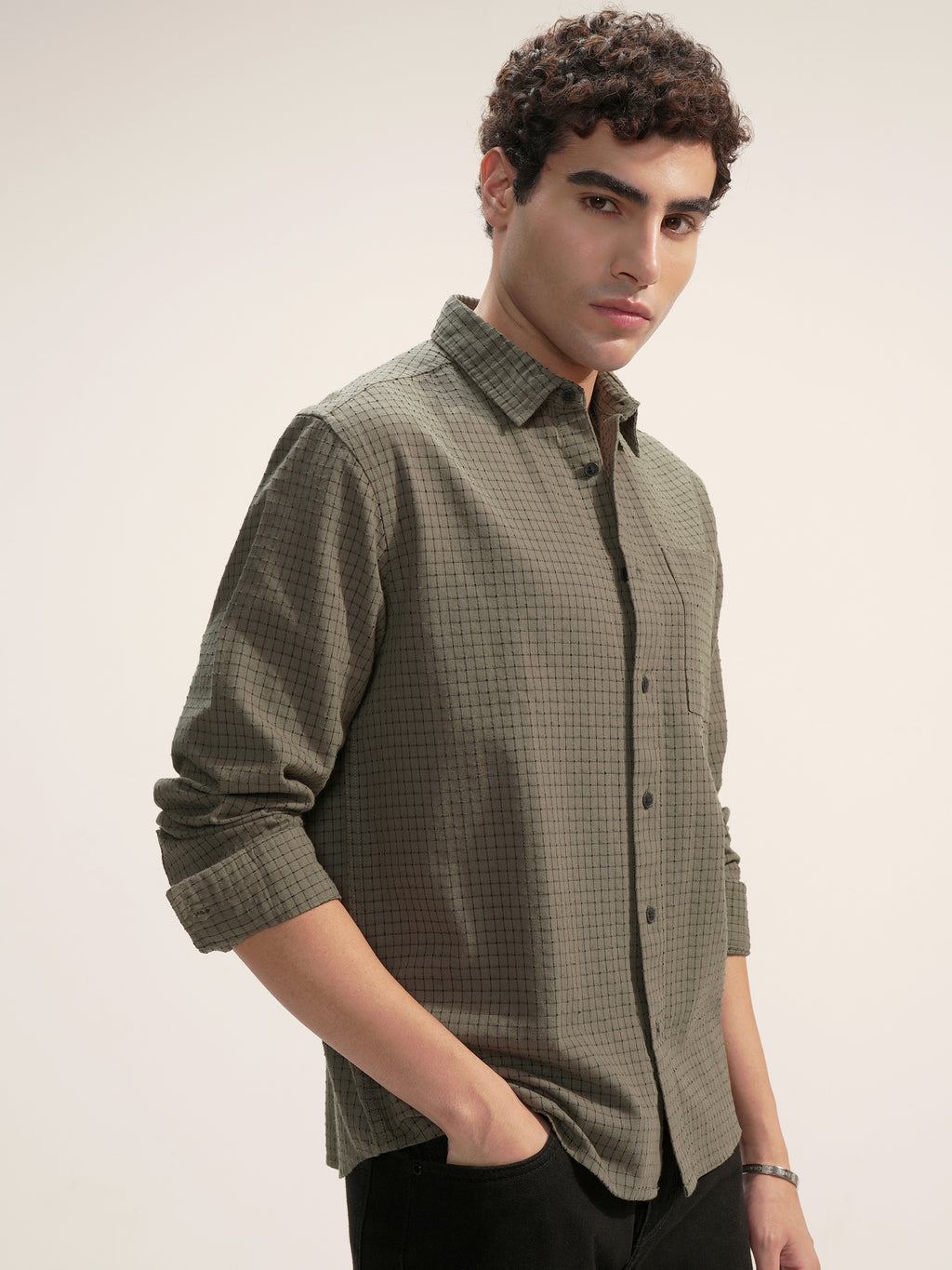 Highlander Men Olive Checked Relaxed Fit Casual Shirt - Olive - Image 6
