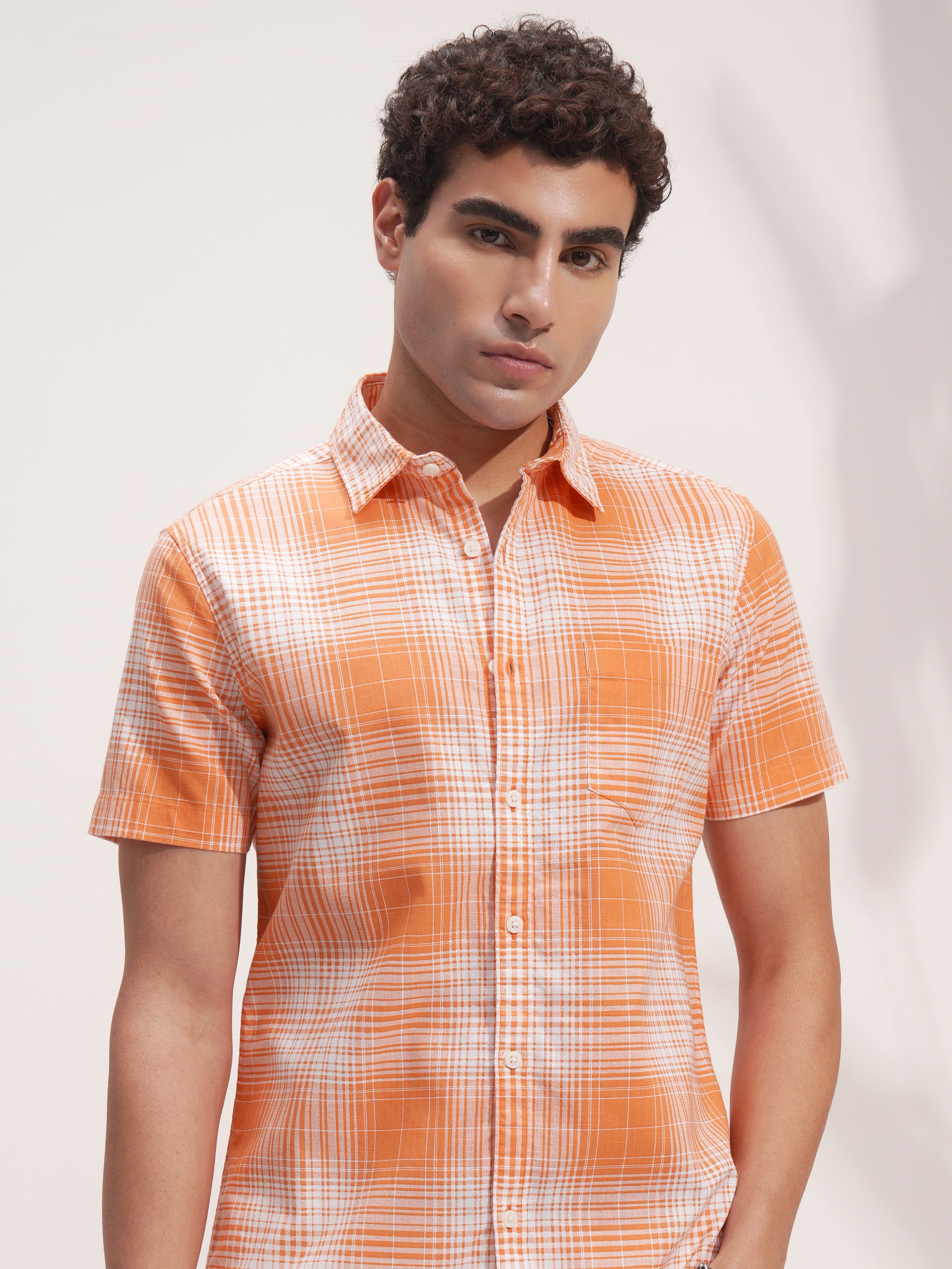 Highlander Men Orange Checked Slim Fit Casual Shirt - Orange - Image 1