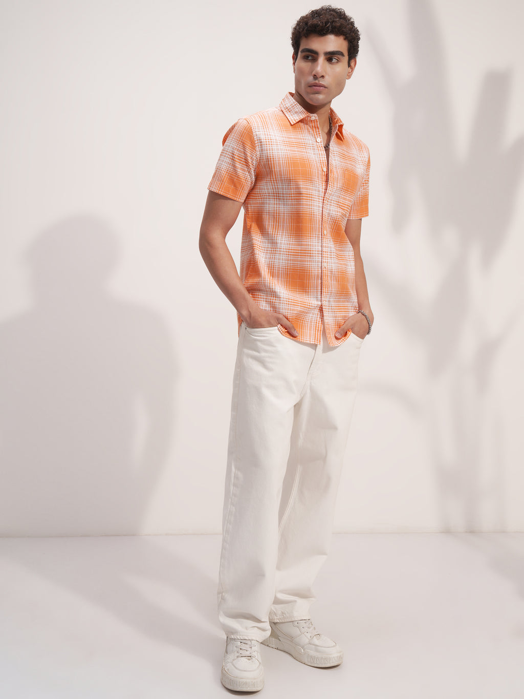 Highlander Men Orange Checked Slim Fit Casual Shirt - Orange - Image 2