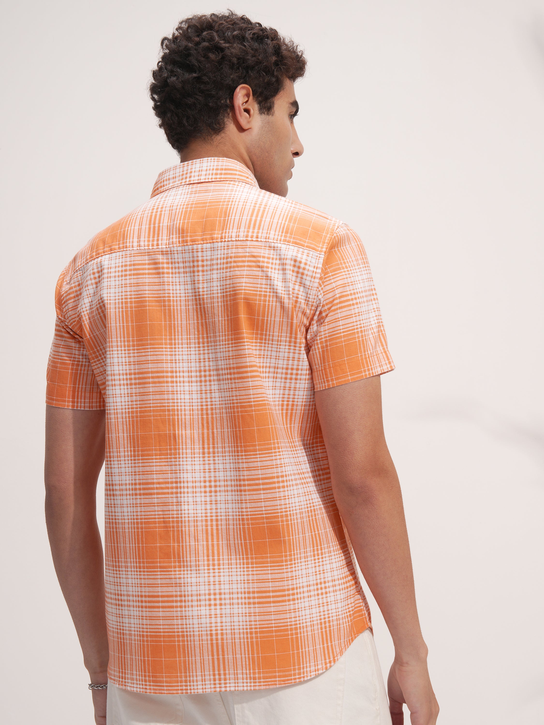 Highlander Men Orange Checked Slim Fit Casual Shirt - Orange - Image 3