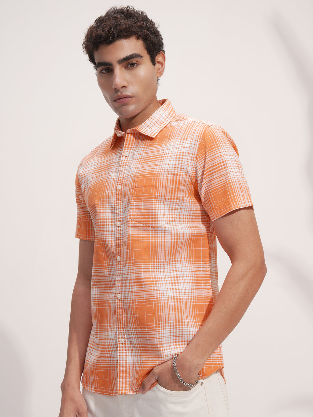 Highlander Men Orange Checked Slim Fit Casual Shirt - Orange - Image 4