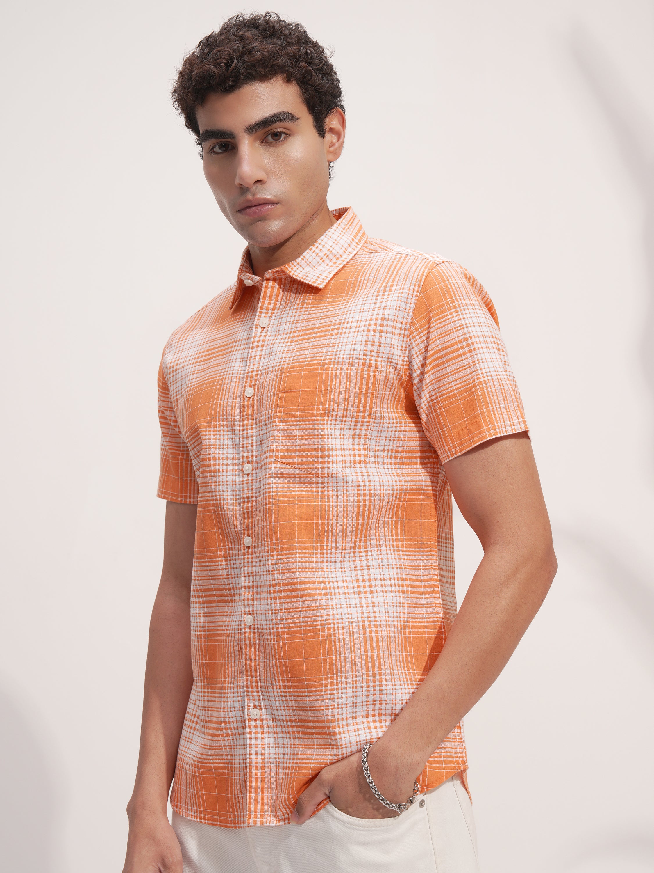 Highlander Men Orange Checked Slim Fit Casual Shirt - Orange - Image 4