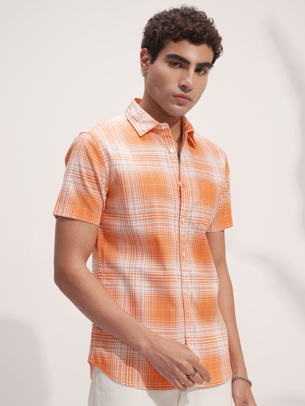 Highlander Men Orange Checked Slim Fit Casual Shirt - Orange - Image 6