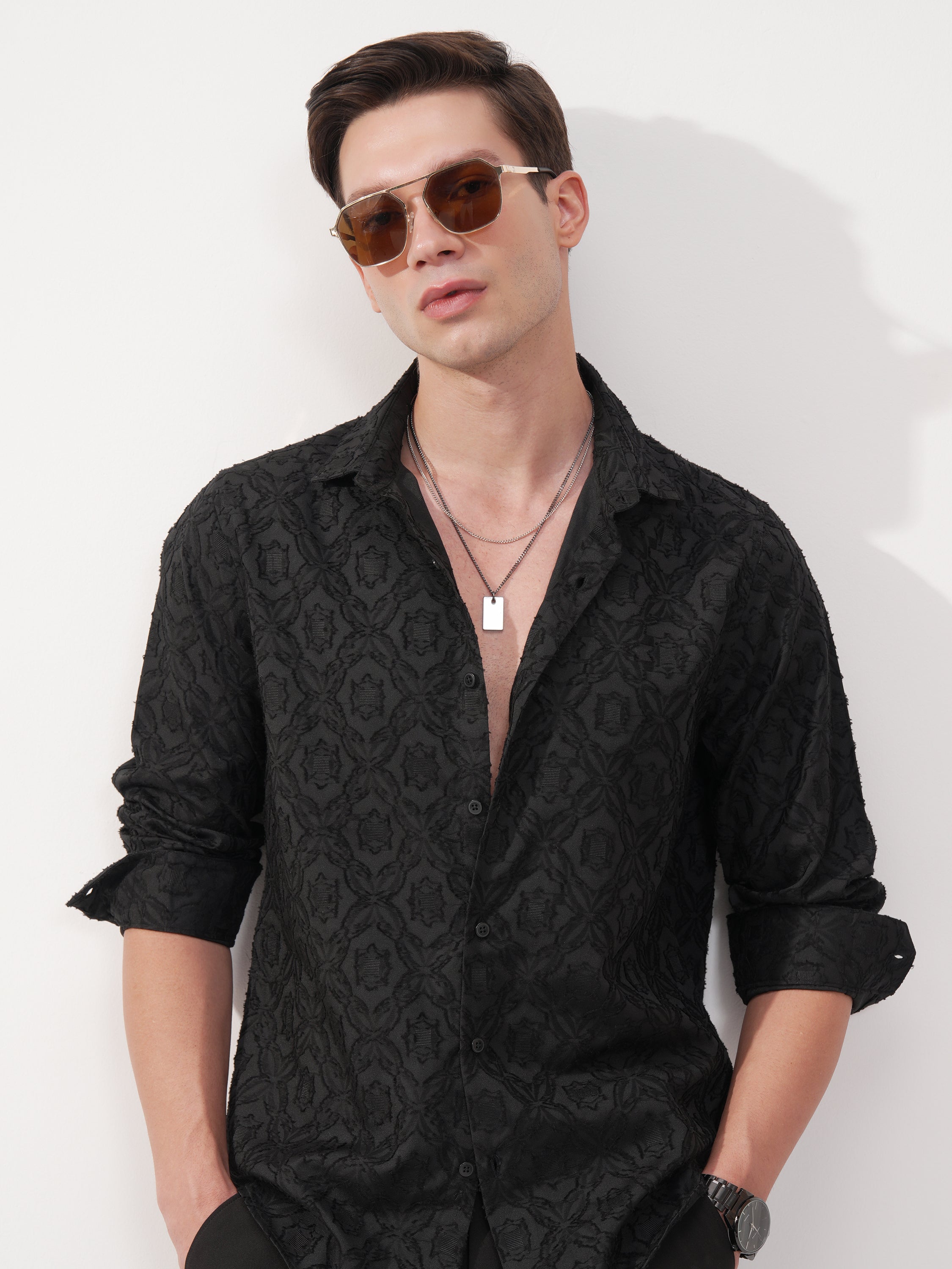 Highlander Men Black Self Design Slim Fit Casual Shirt - Black - Image 1