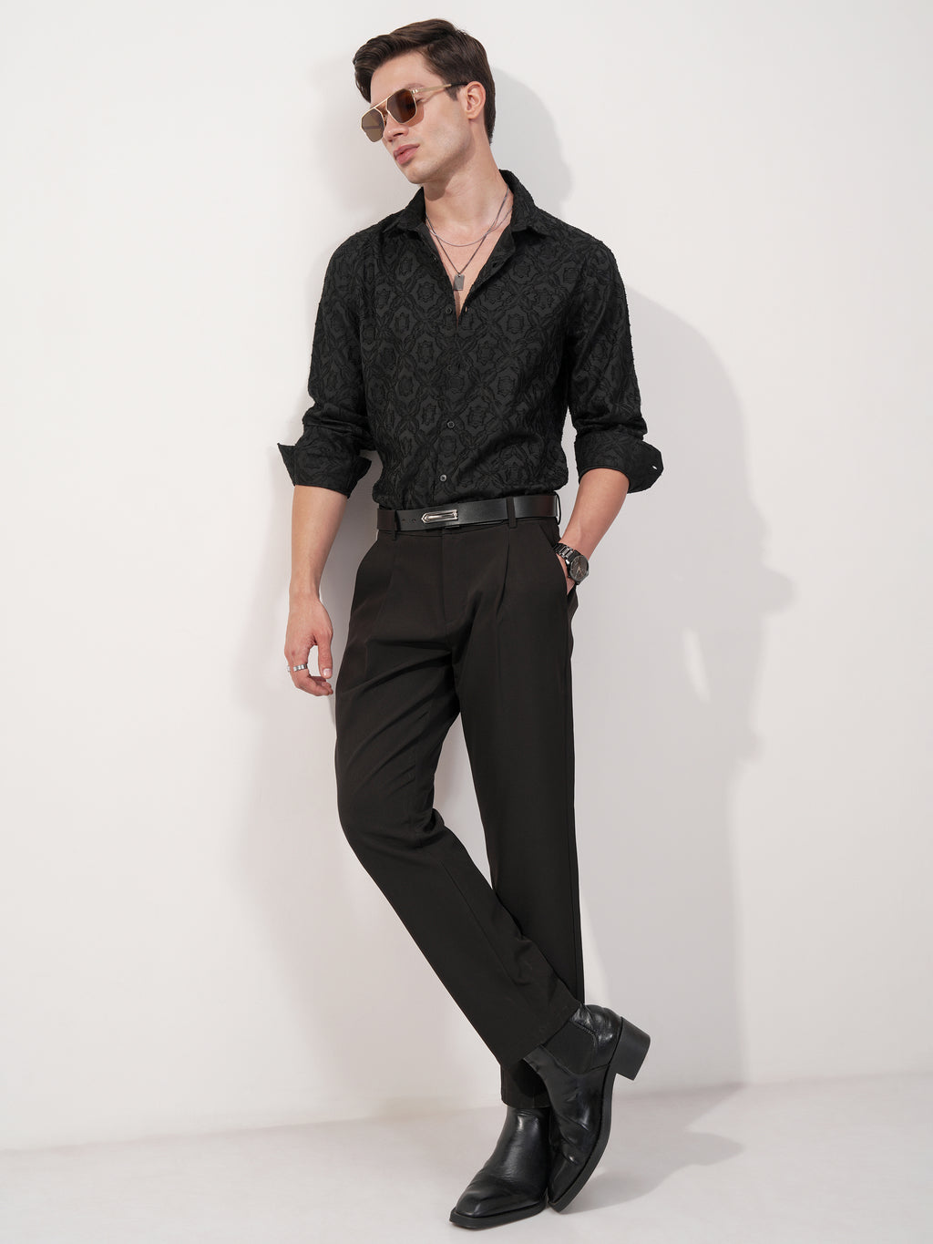 Highlander Men Black Self Design Slim Fit Casual Shirt - Black - Image 2
