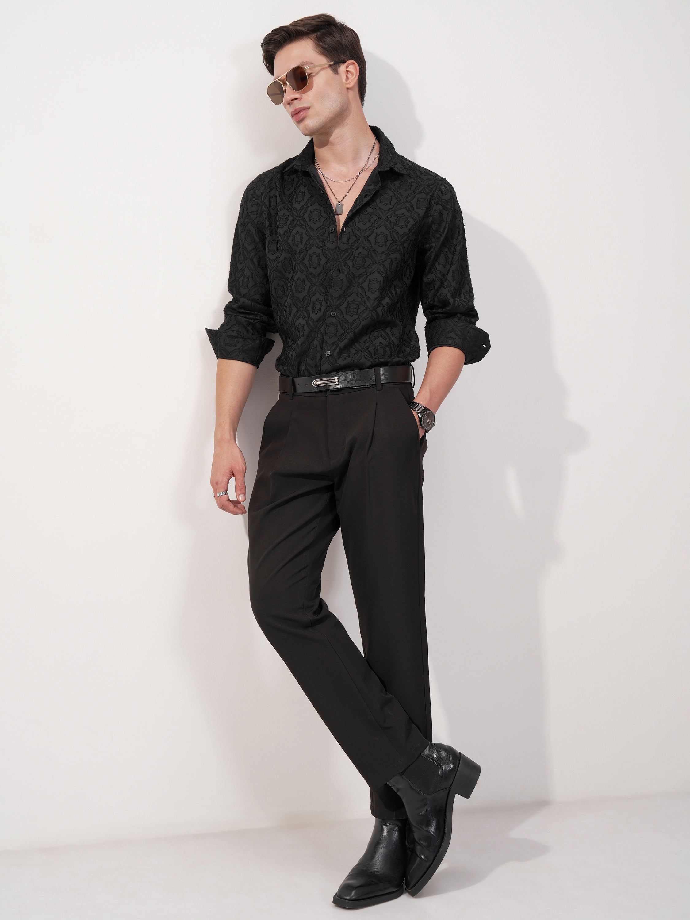 Highlander Men Black Self Design Slim Fit Casual Shirt - Black - Image 2