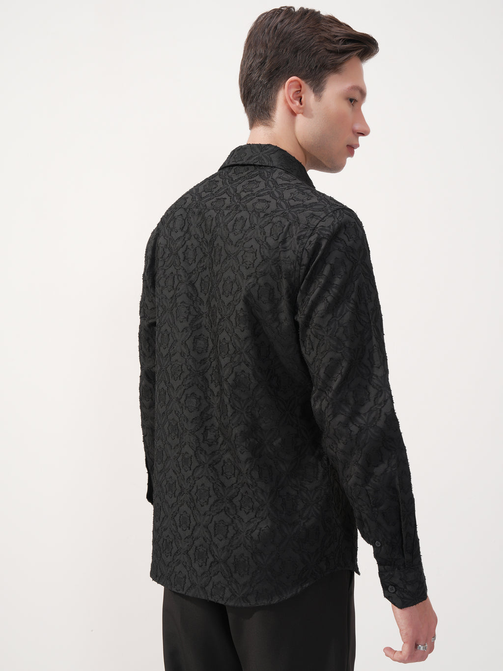 Highlander Men Black Self Design Slim Fit Casual Shirt - Black - Image 3