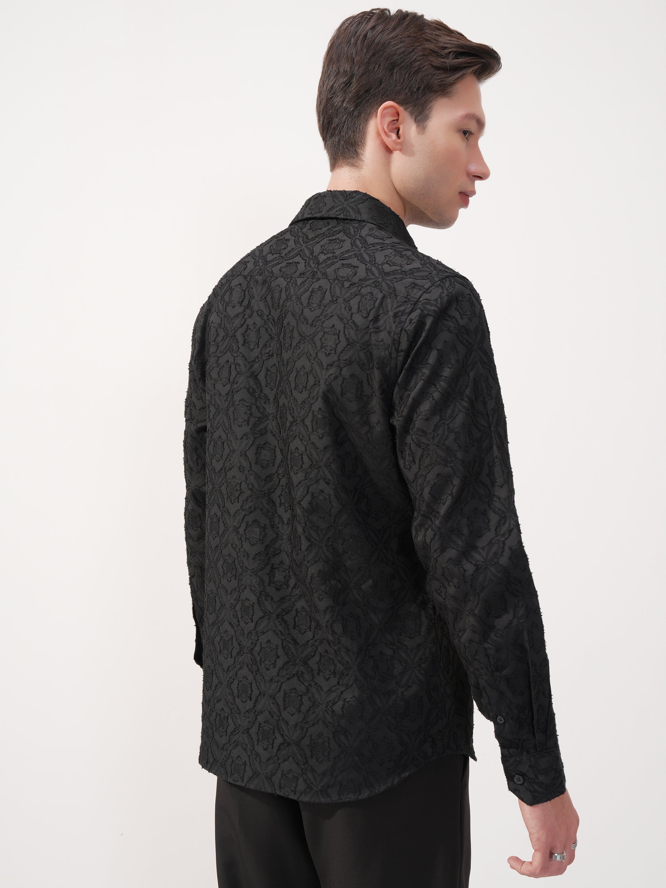 Highlander Men Black Self Design Slim Fit Casual Shirt - Black - Image 3