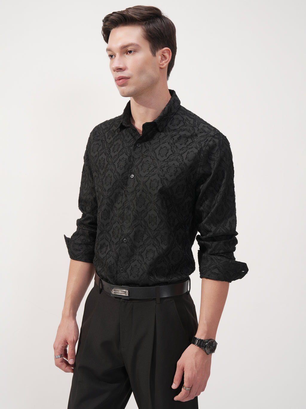 Highlander Men Black Self Design Slim Fit Casual Shirt - Black - Image 4