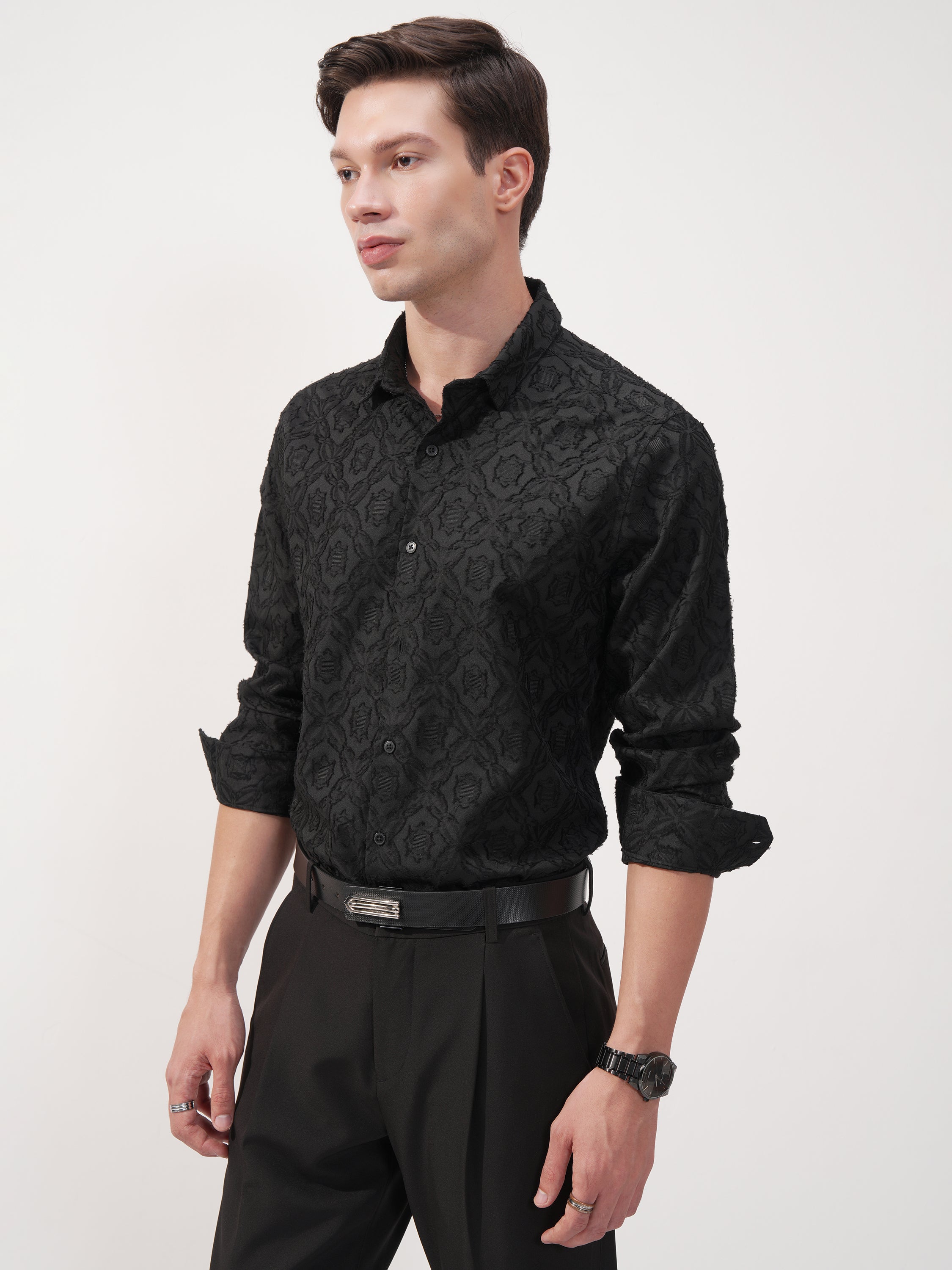 Highlander Men Black Self Design Slim Fit Casual Shirt - Black - Image 4