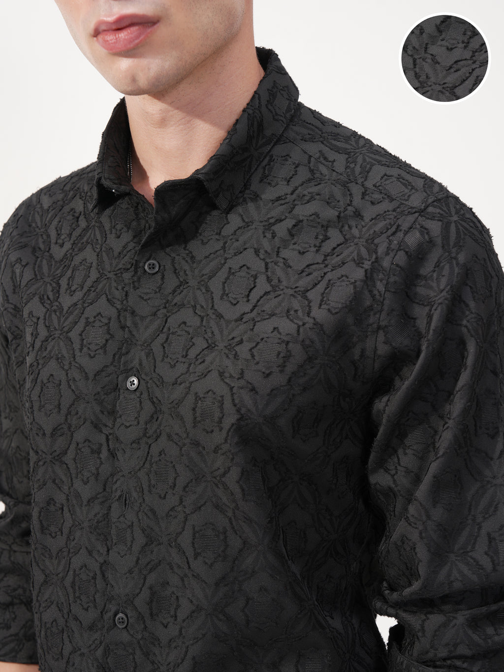 Highlander Men Black Self Design Slim Fit Casual Shirt - Black - Image 5