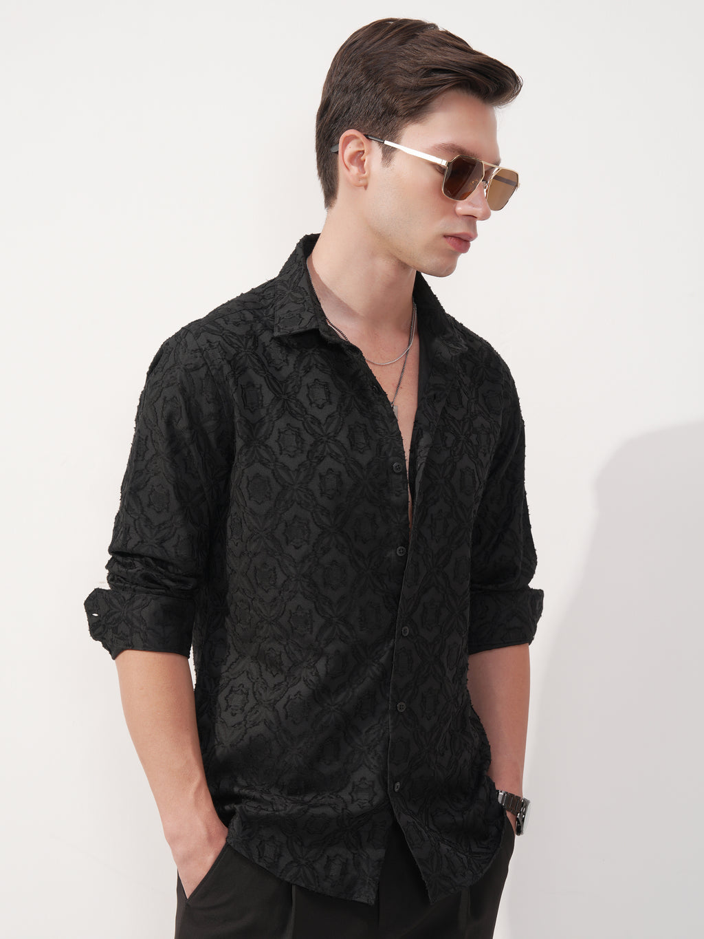 Highlander Men Black Self Design Slim Fit Casual Shirt - Black - Image 6
