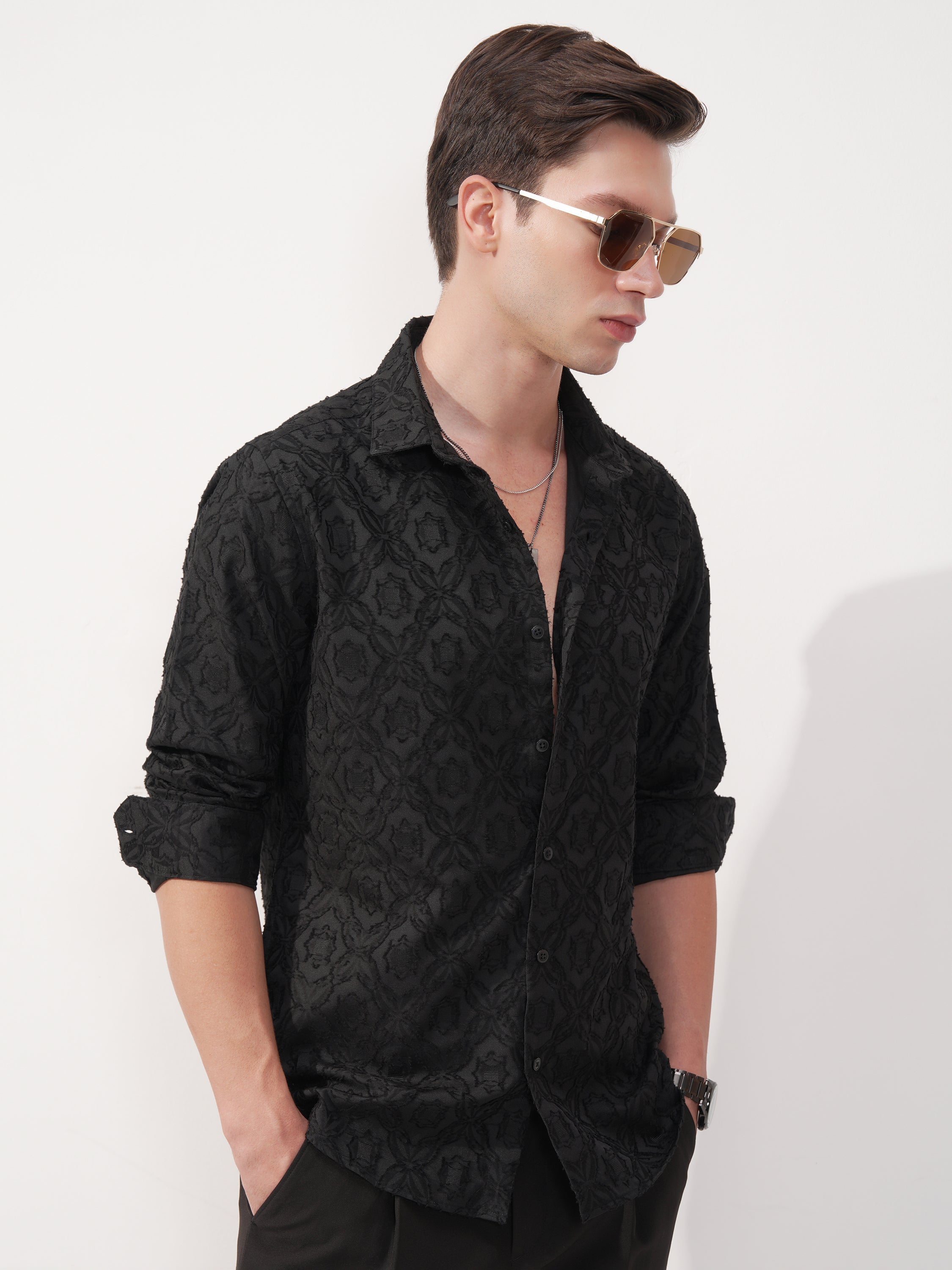Highlander Men Black Self Design Slim Fit Casual Shirt - Black - Image 6