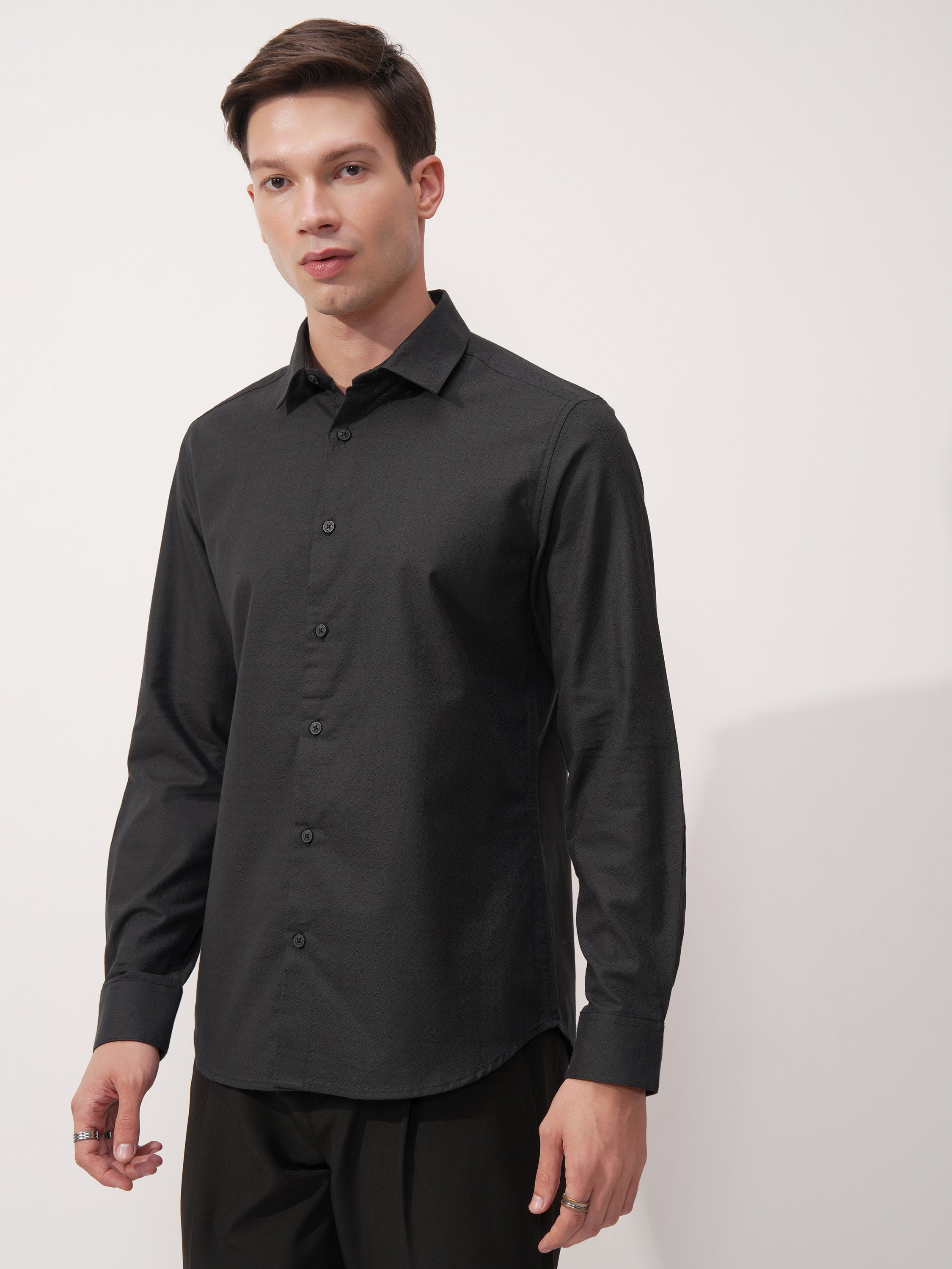 Highlander Men Black Self Design Slim Fit Casual Shirt - Black - Image 4