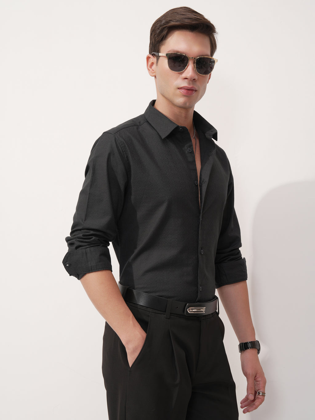 Highlander Men Black Self Design Slim Fit Casual Shirt - Black - Image 6