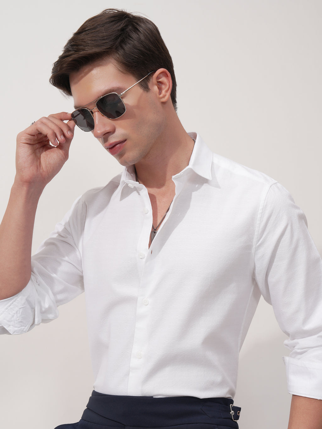 Highlander Men White Self Design Slim Fit Casual Shirt - White - Image 1