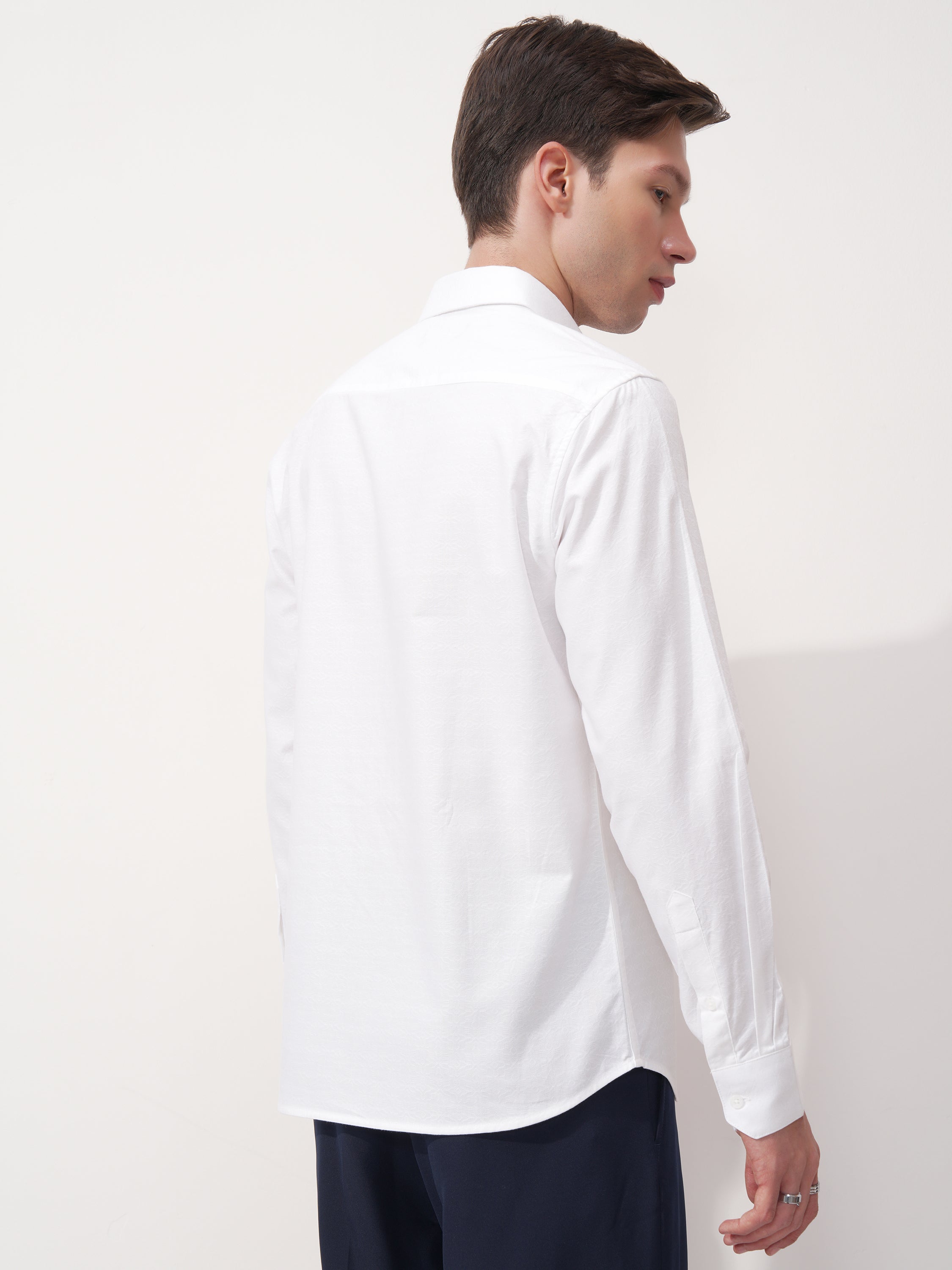 Highlander Men White Self Design Slim Fit Casual Shirt - White - Image 3