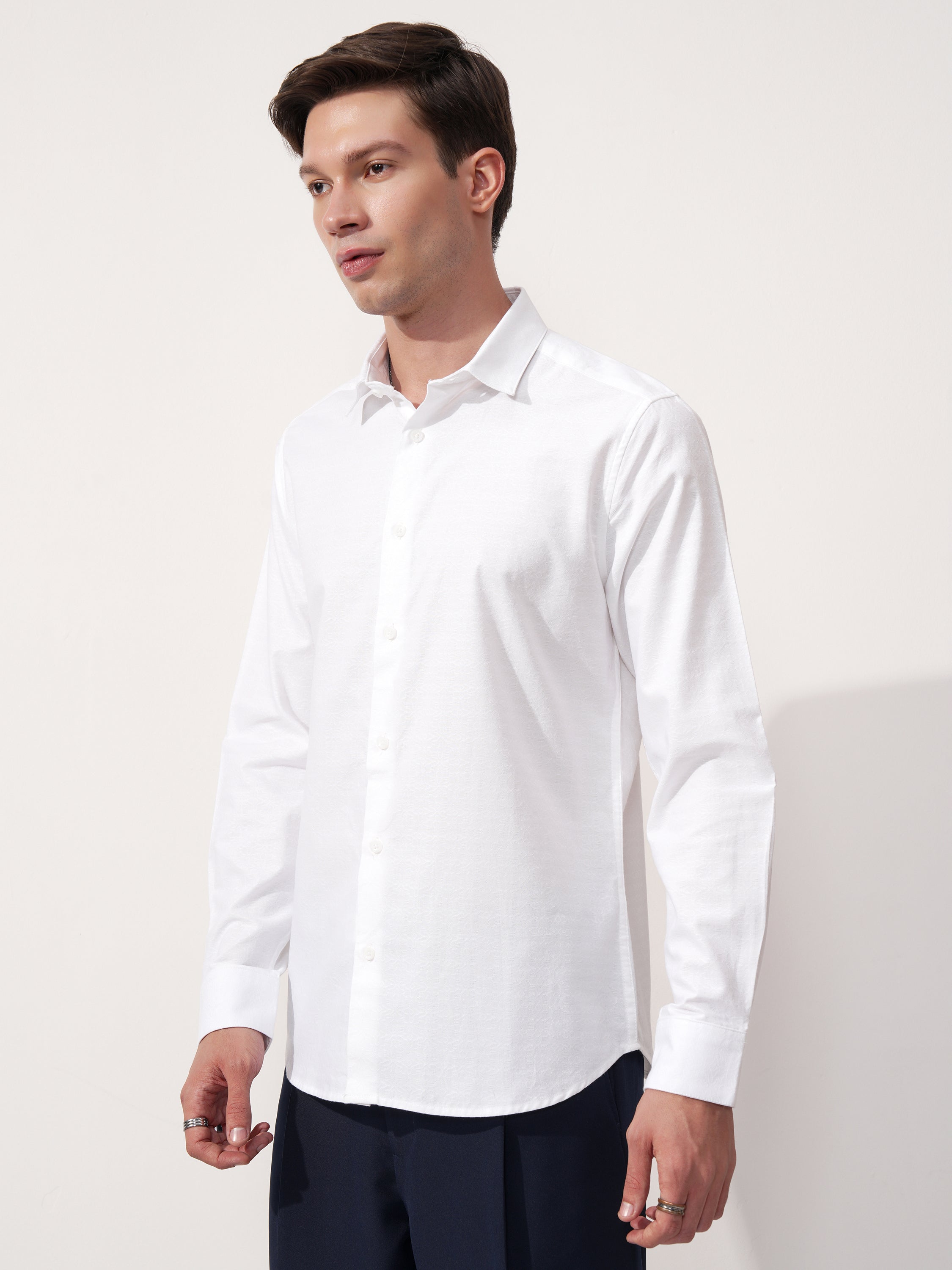 Highlander Men White Self Design Slim Fit Casual Shirt - White - Image 4