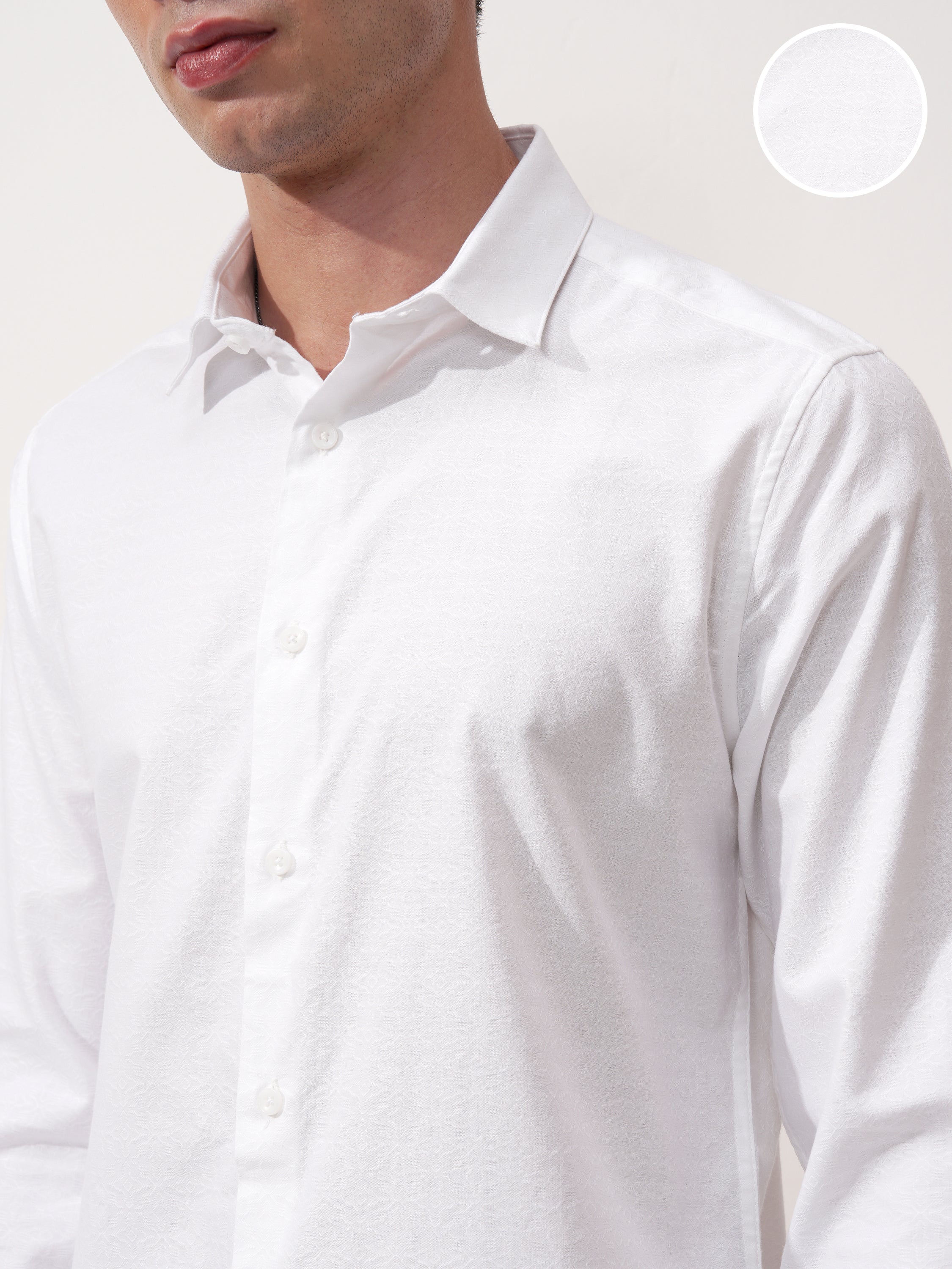 Highlander Men White Self Design Slim Fit Casual Shirt - White - Image 5