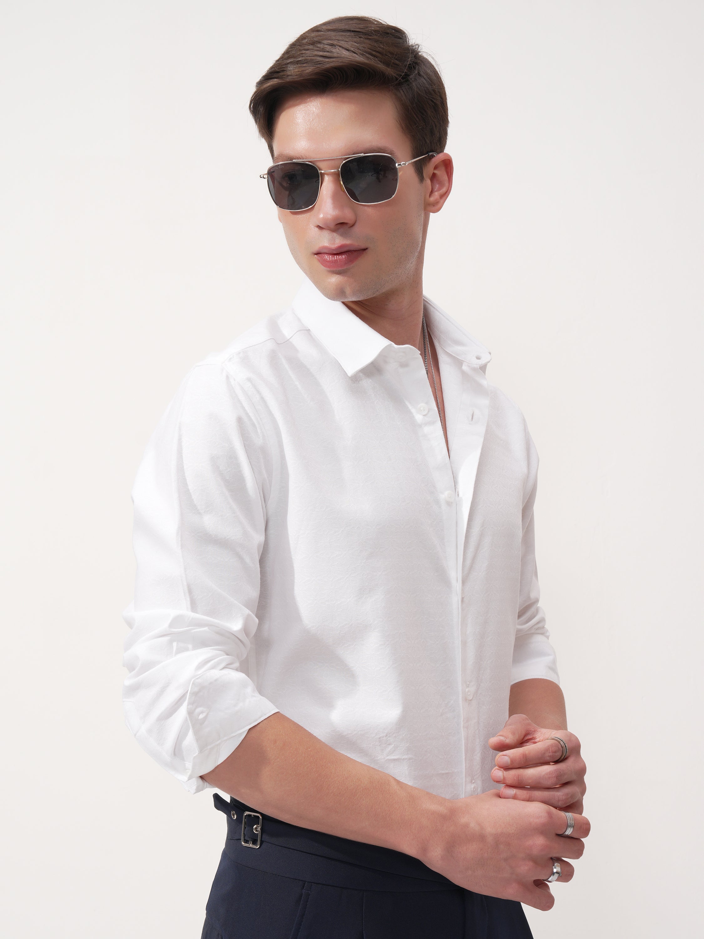 Highlander Men White Self Design Slim Fit Casual Shirt - White - Image 6