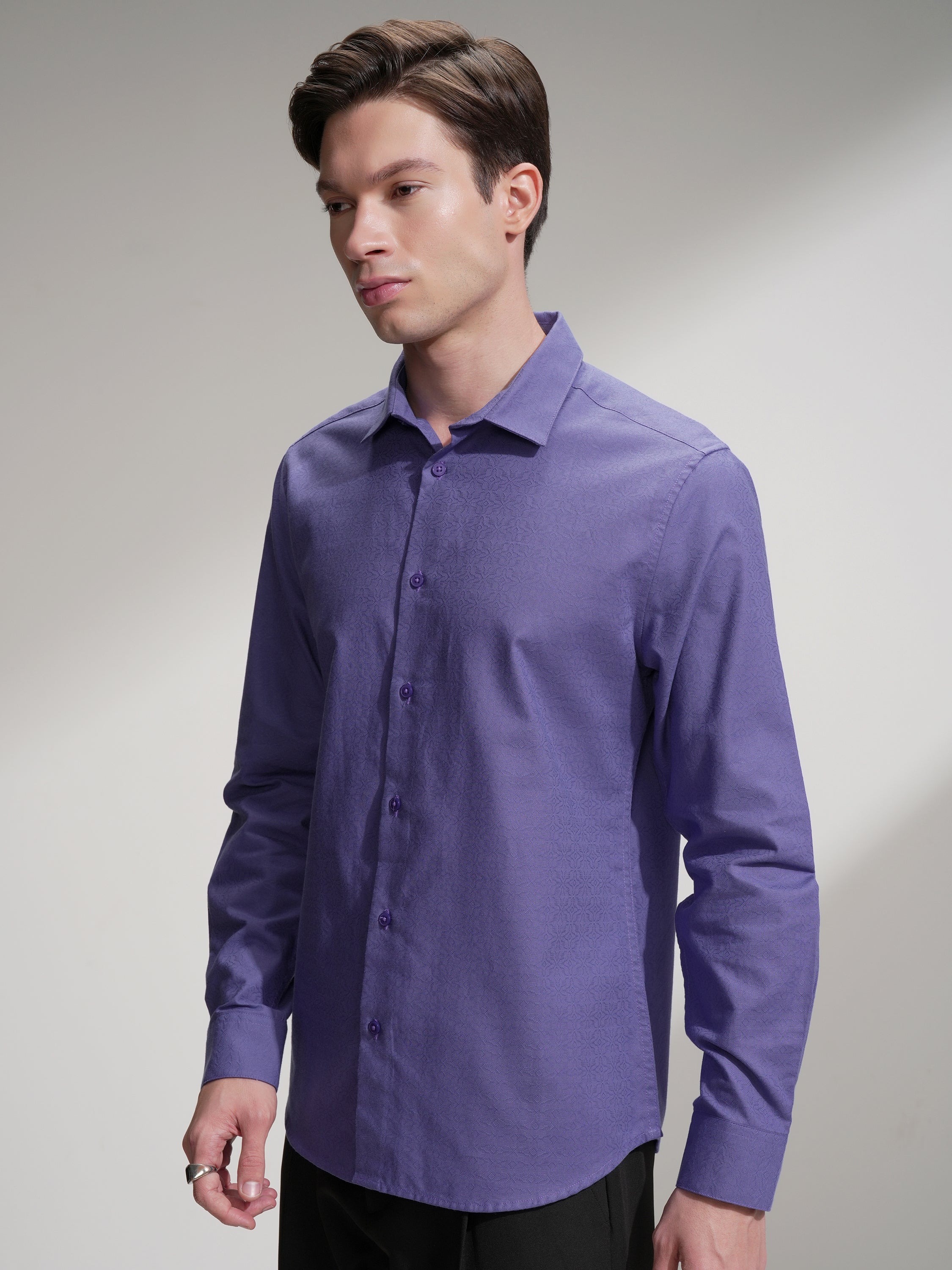 Highlander Men Lavender Self Design Slim Fit Casual Shirt - Lavender - Image 4