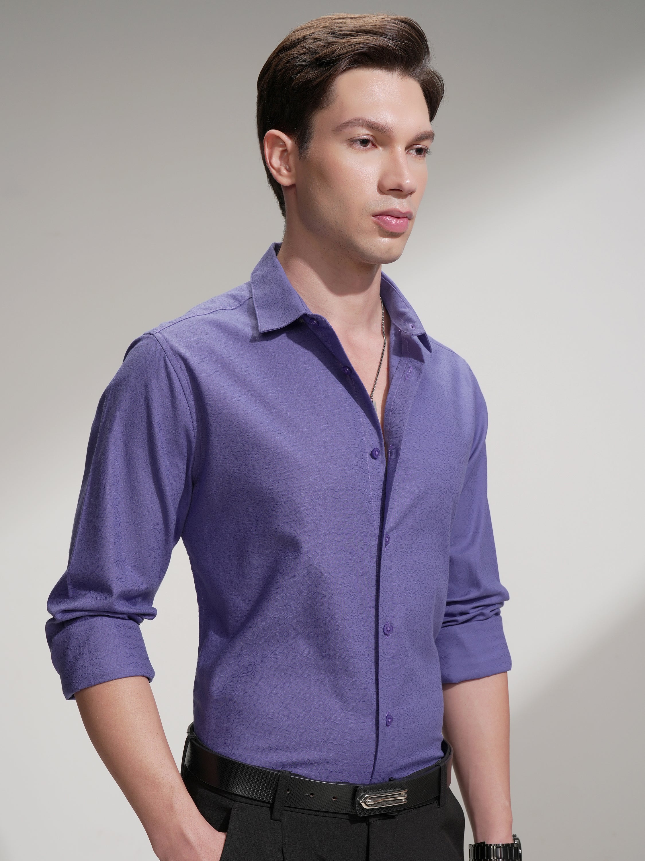 Highlander Men Lavender Self Design Slim Fit Casual Shirt - Lavender - Image 6