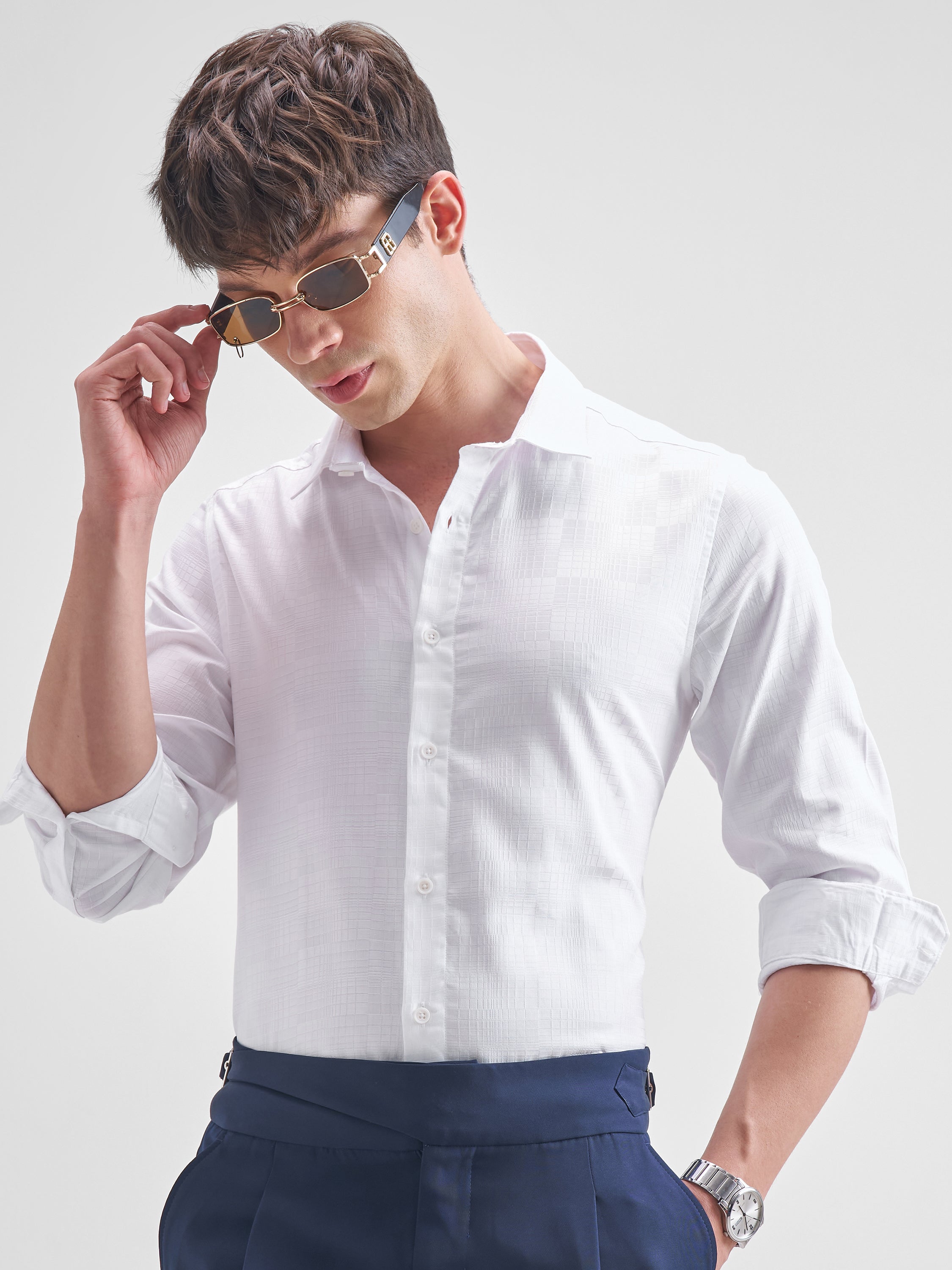 Highlander Men White Self Design Slim Fit Casual Shirt - White - Image 1