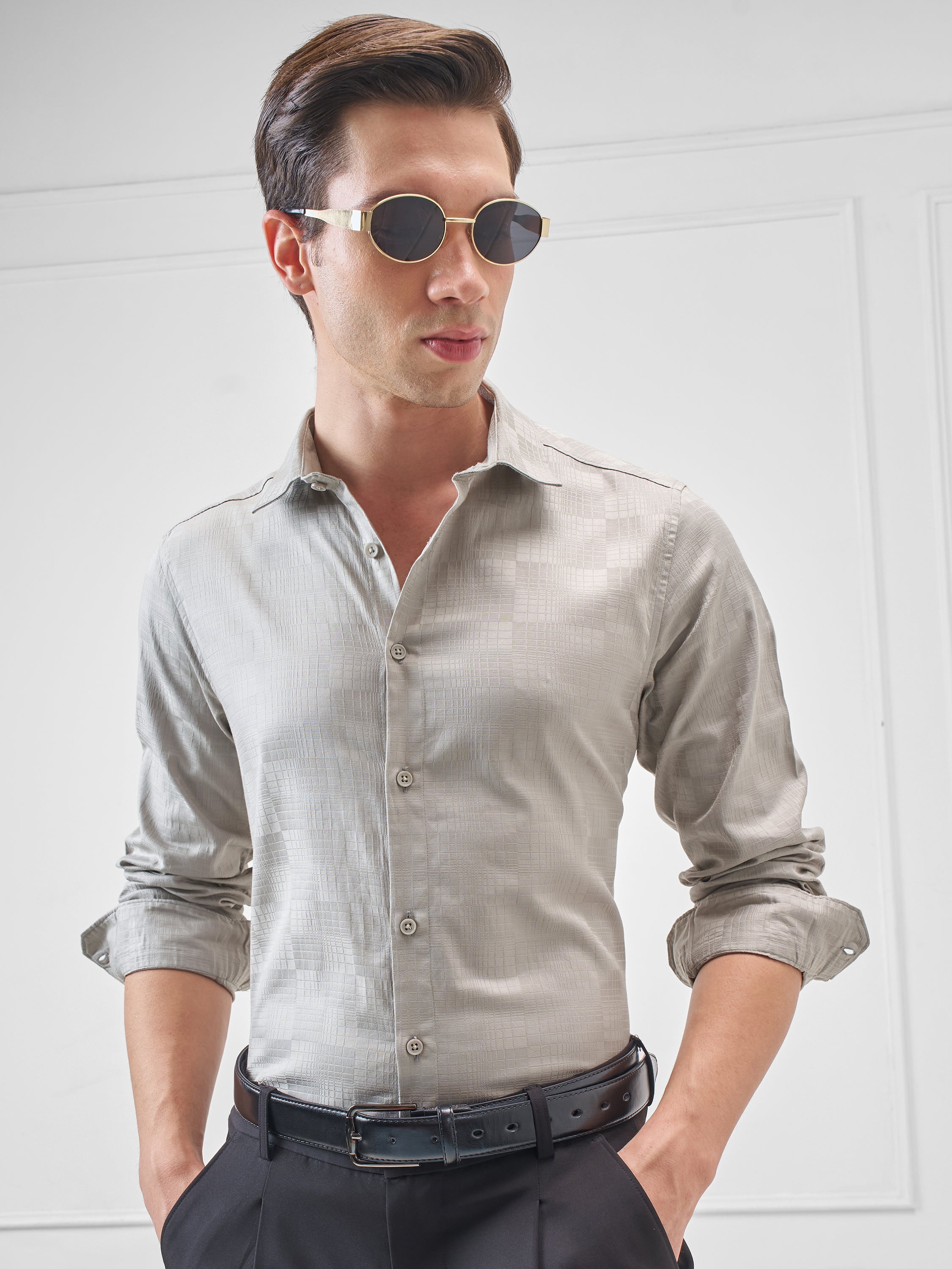 Highlander Men Grey Self Design Slim Fit Casual Shirt - Grey - Image 1