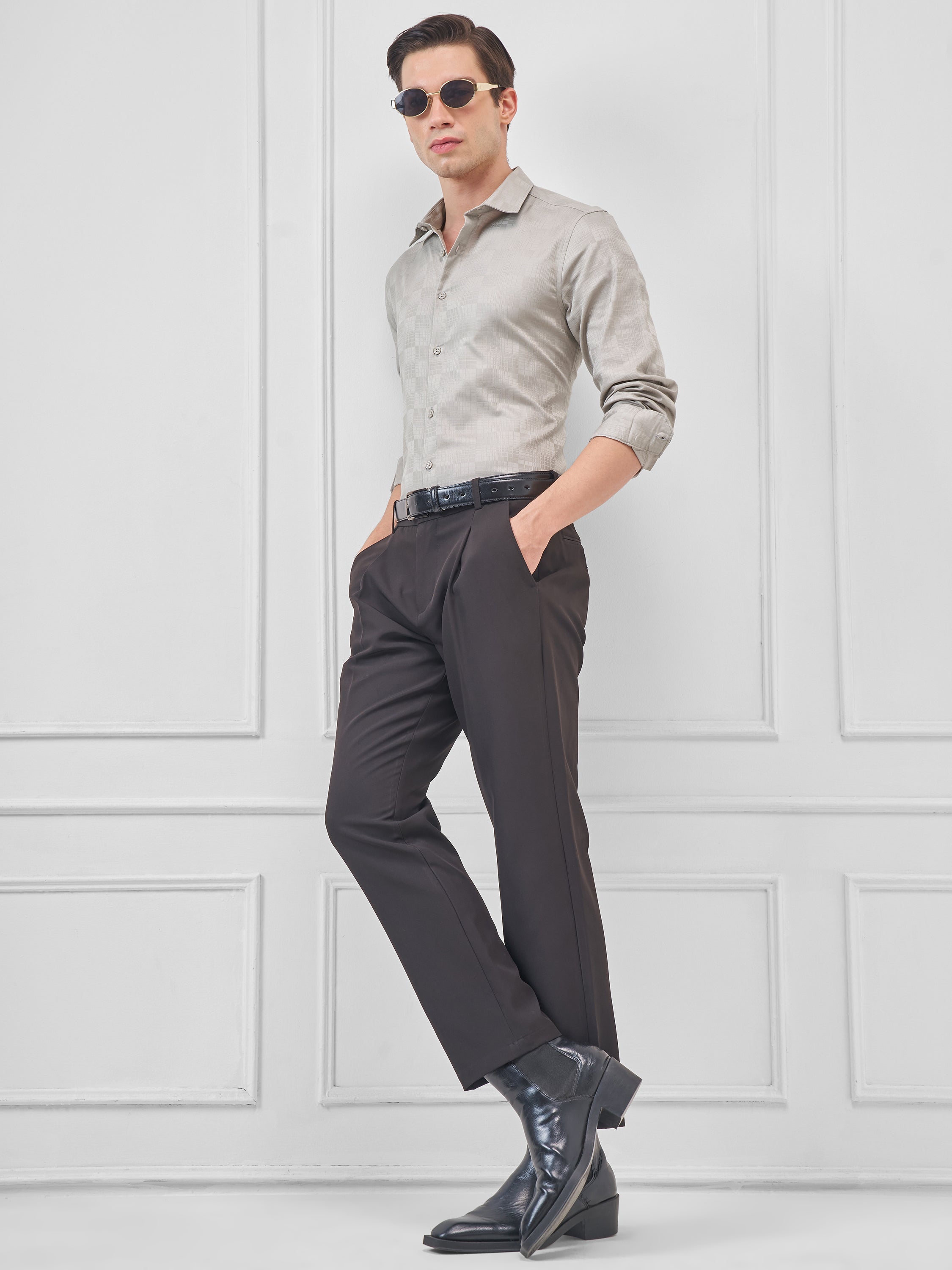 Highlander Men Grey Self Design Slim Fit Casual Shirt - Grey - Image 2