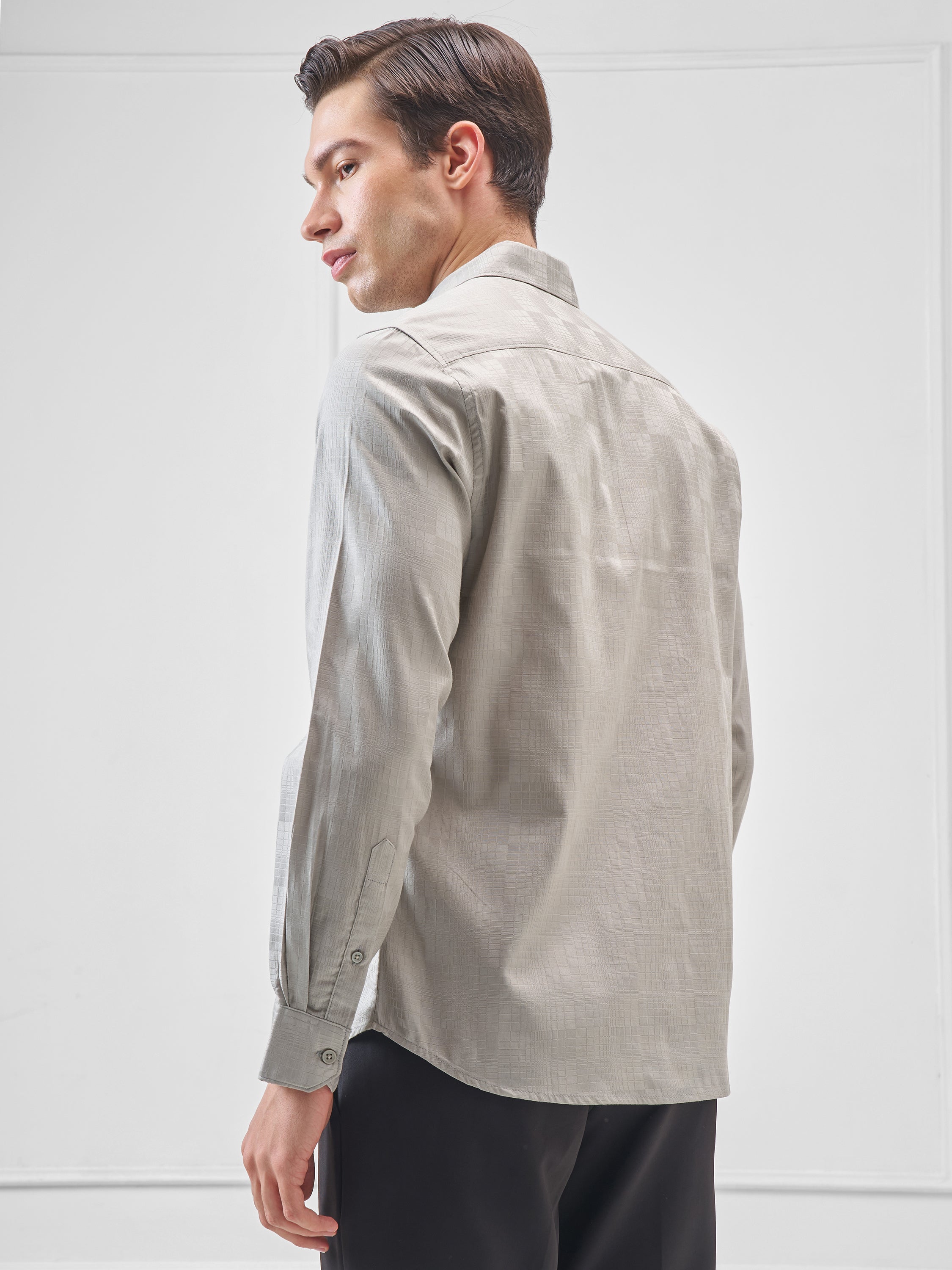 Highlander Men Grey Self Design Slim Fit Casual Shirt - Grey - Image 3