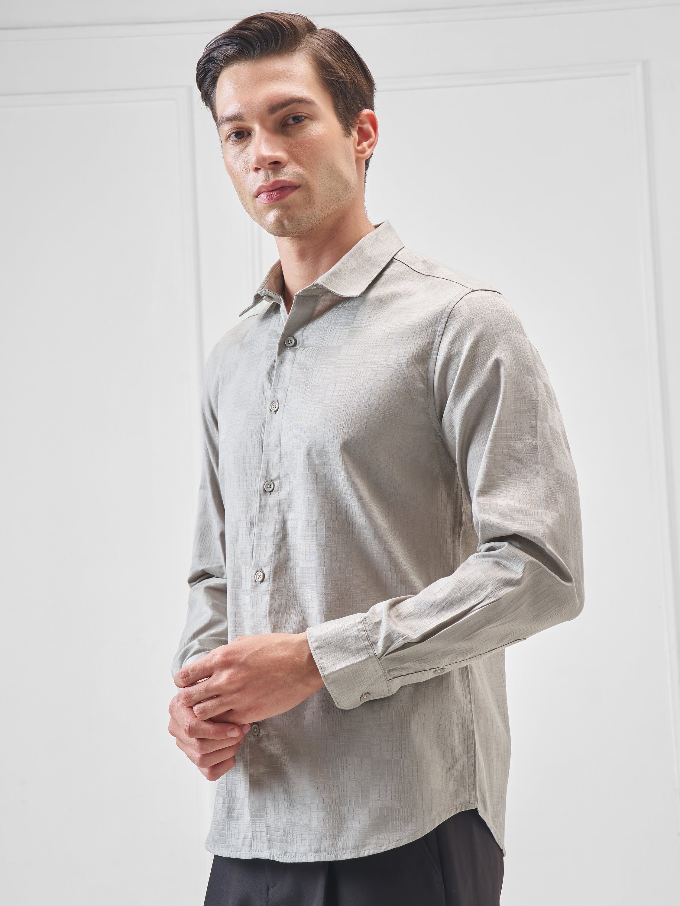 Highlander Men Grey Self Design Slim Fit Casual Shirt - Grey - Image 4