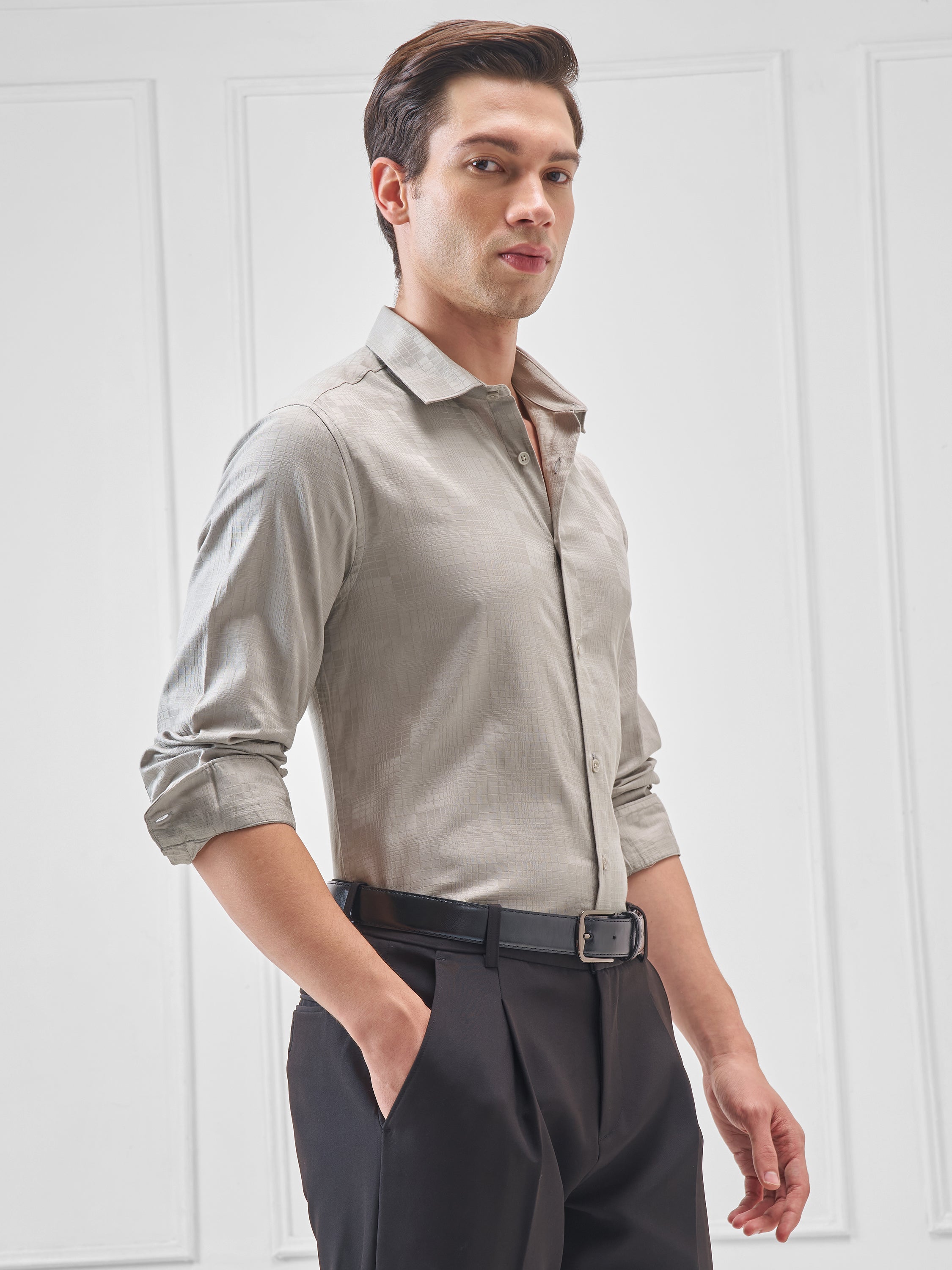 Highlander Men Grey Self Design Slim Fit Casual Shirt - Grey - Image 6
