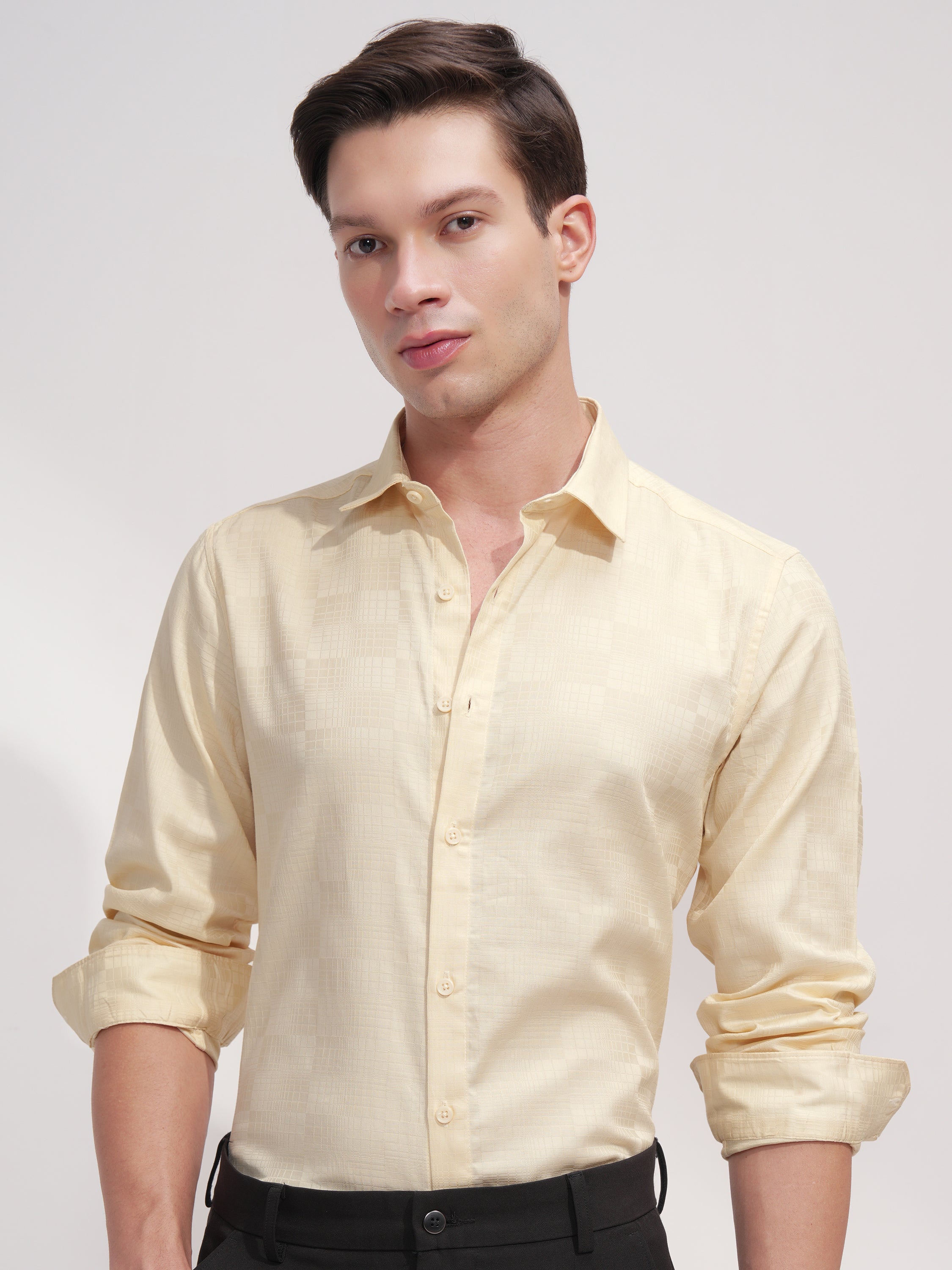 Highlander Men Cream Self Design Slim Fit Casual Shirt - Cream - Image 1