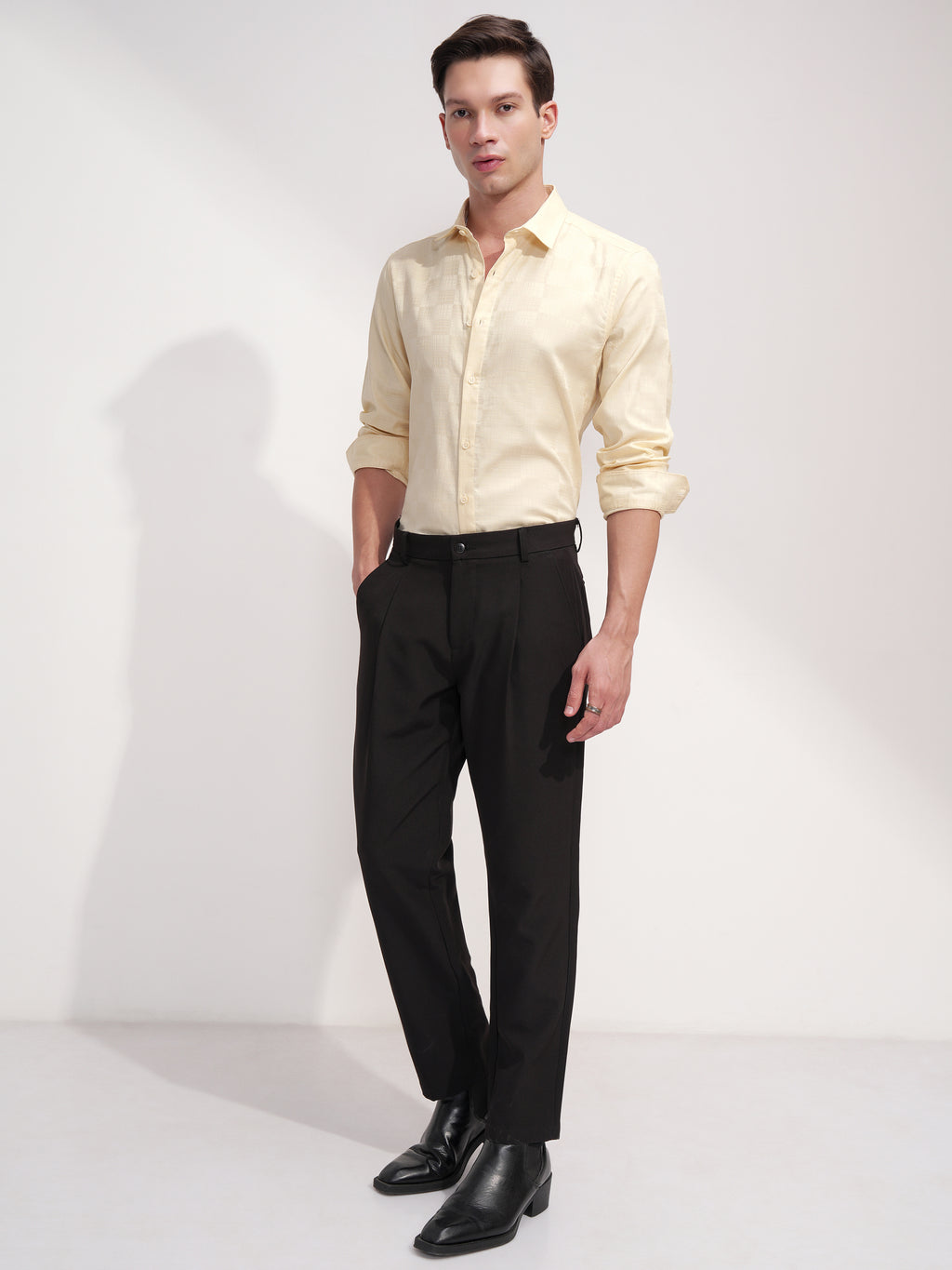 Highlander Men Cream Self Design Slim Fit Casual Shirt - Cream - Image 2