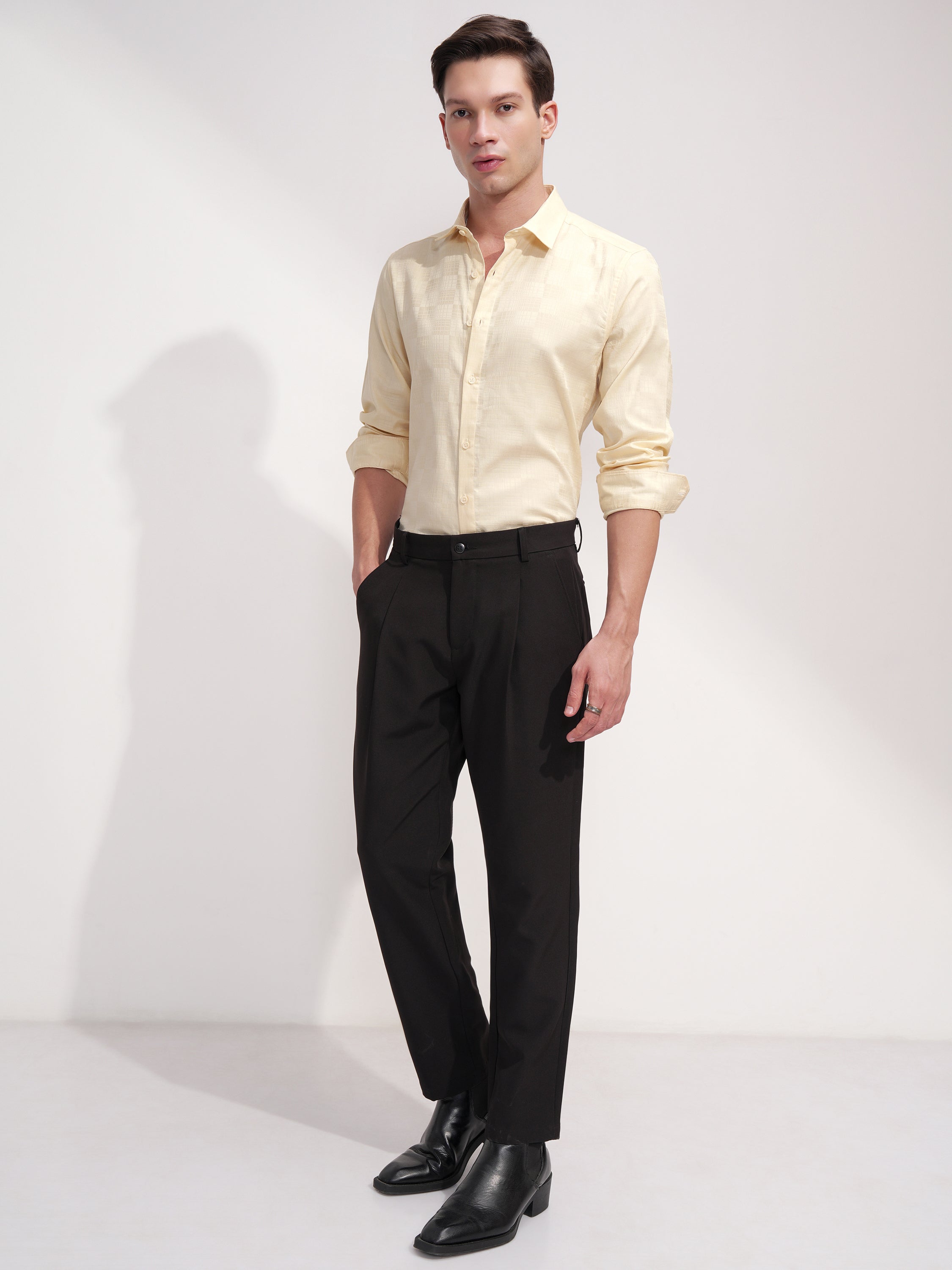 Highlander Men Cream Self Design Slim Fit Casual Shirt - Cream - Image 2